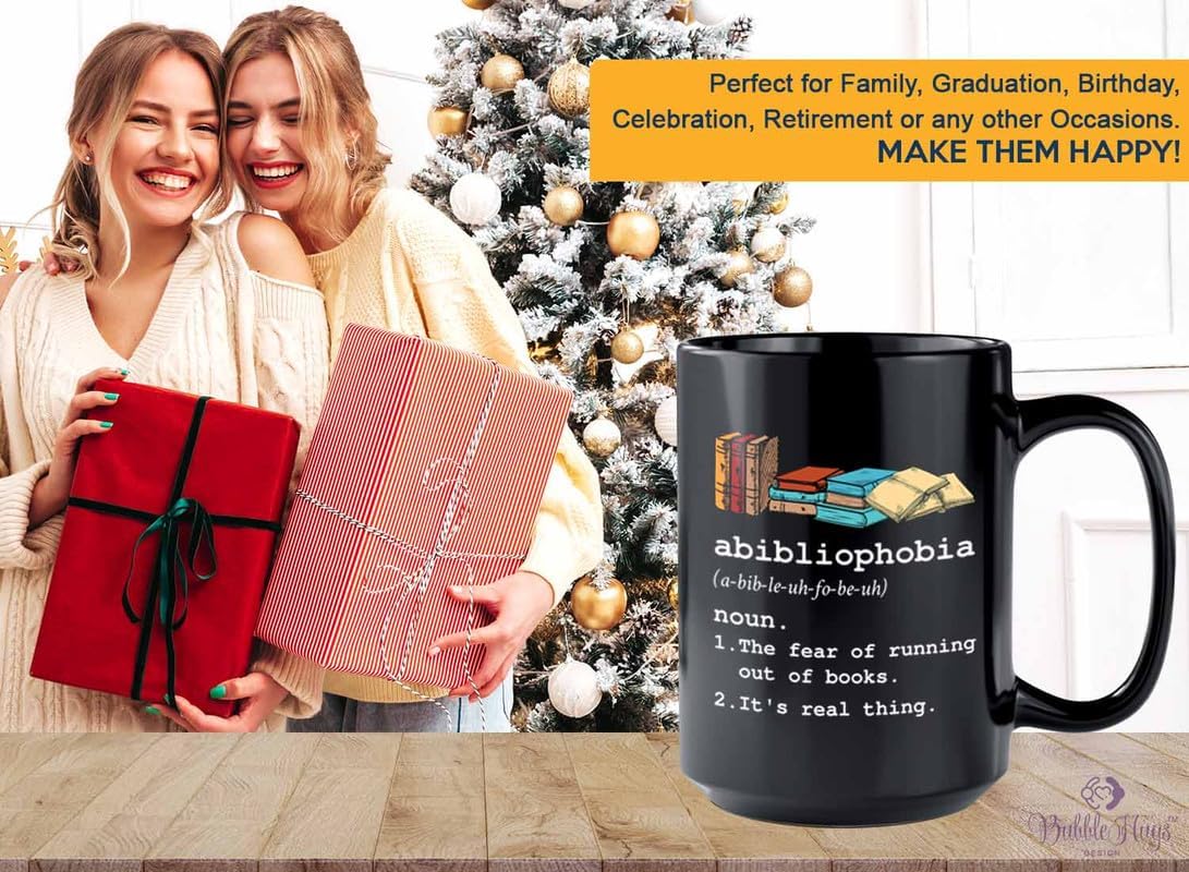 Reading Coffee Mug 15oz Black - Abibliophobia Definition - Reader Gift Bookworm Owl Lover Cat Lover Book Lover Novelist Librarian Writer