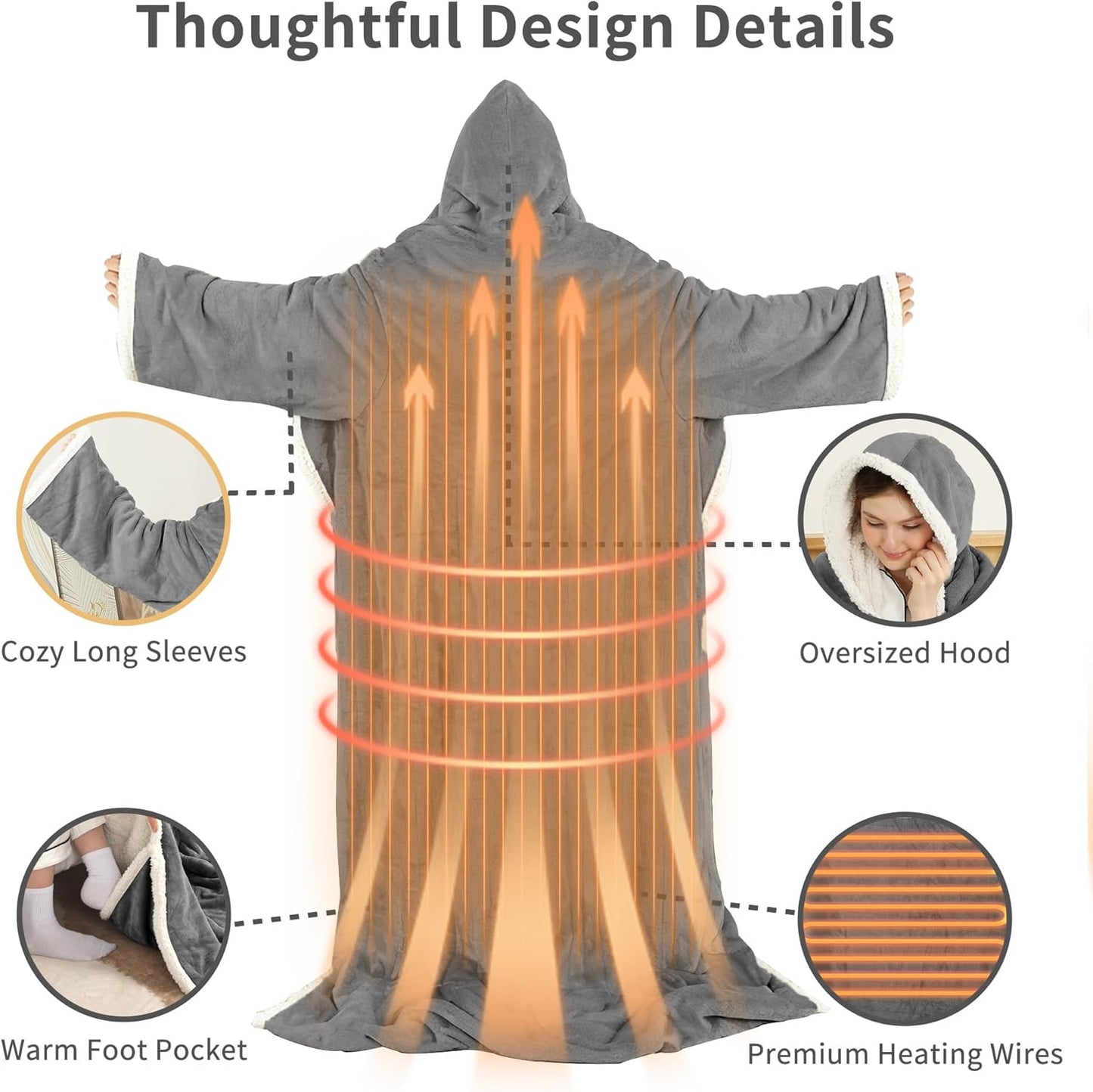 ESTINGO Wearable Electric Throw Heated Blanket with Foot Pocket, Heated Electric Blanket with Sleeves, 6 Heating Levels and 1-4H Timer, Heated Hoodie Women for Mom Grandma 50"×70" Grey