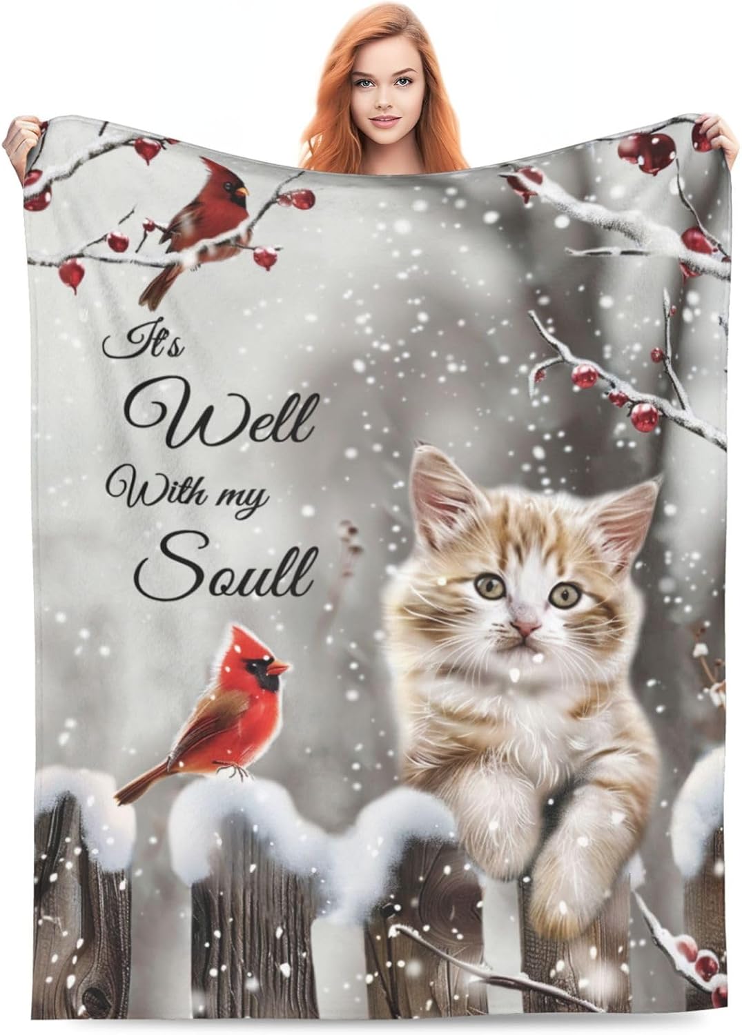 Cardinal Cat Blanket Christmas Decor Throw Blankets Cozy Fleece Flannel Soft Warm Plush Lightweight Bedding Blanket Cat Gifts for Women Cat Lover Men Adults Girls Boys for Couch Sofa Bed 40"X50"