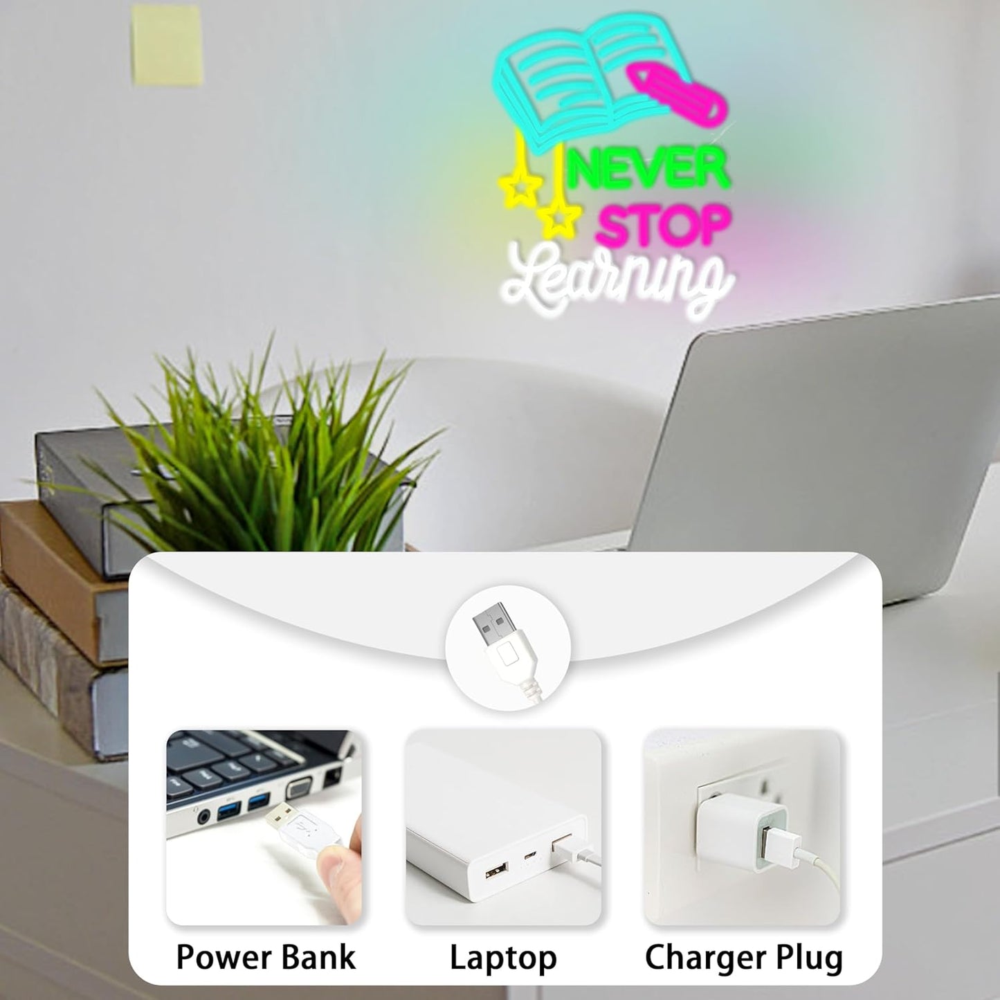Read Books Neon Sign Led Never Stop Learning Light Up Sign for Wall Decor Dimmable Positive Reading Book Neon Classroom Sign for Learning Room Bookstore Study Room Library