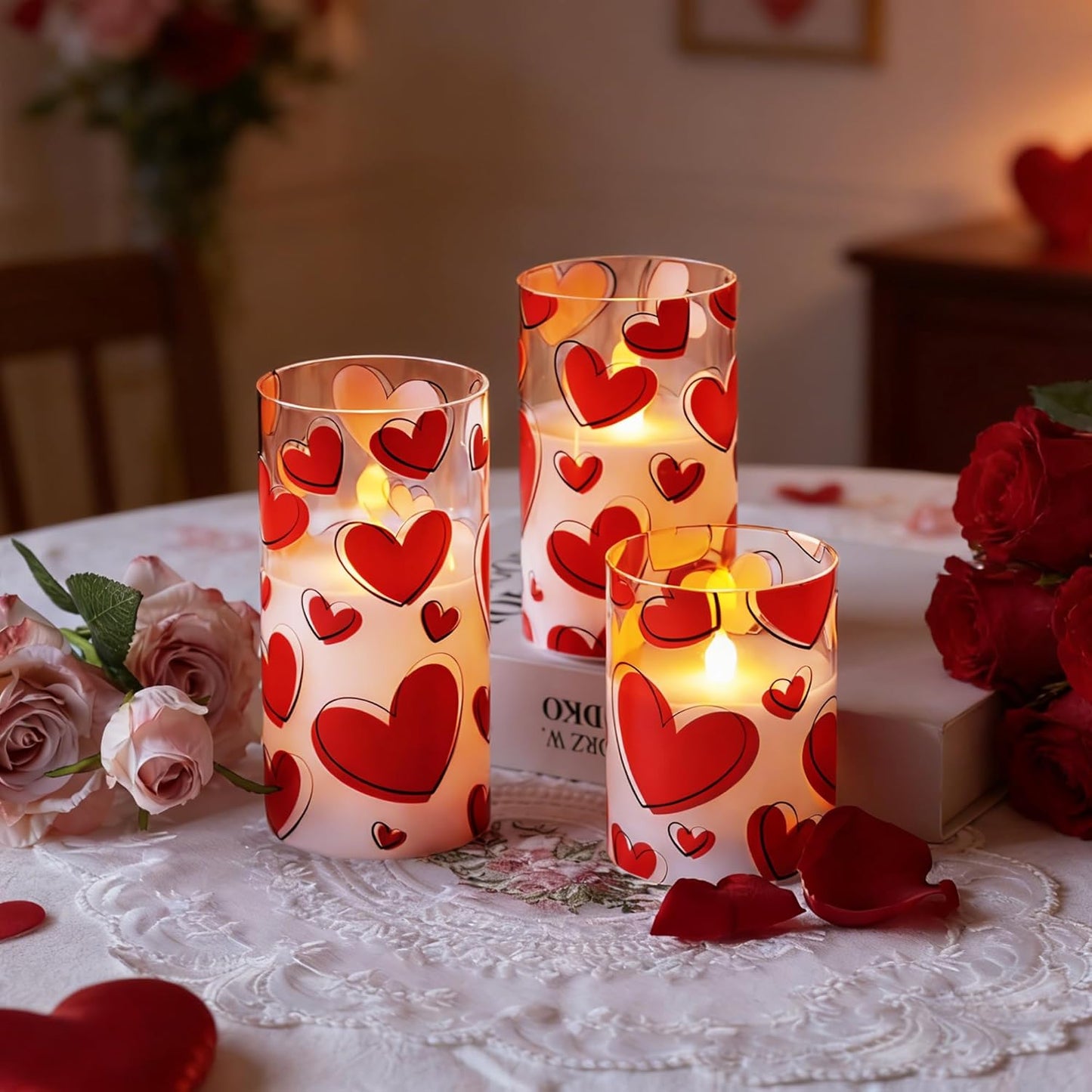 Valentines Day Flameless Candles with Remote, Red Heart Glass Battery Operated Candles, Real Wax Flickering LED Pillar Candles for Proposal Wedding Anniversary Romantic Night, 3 Pack