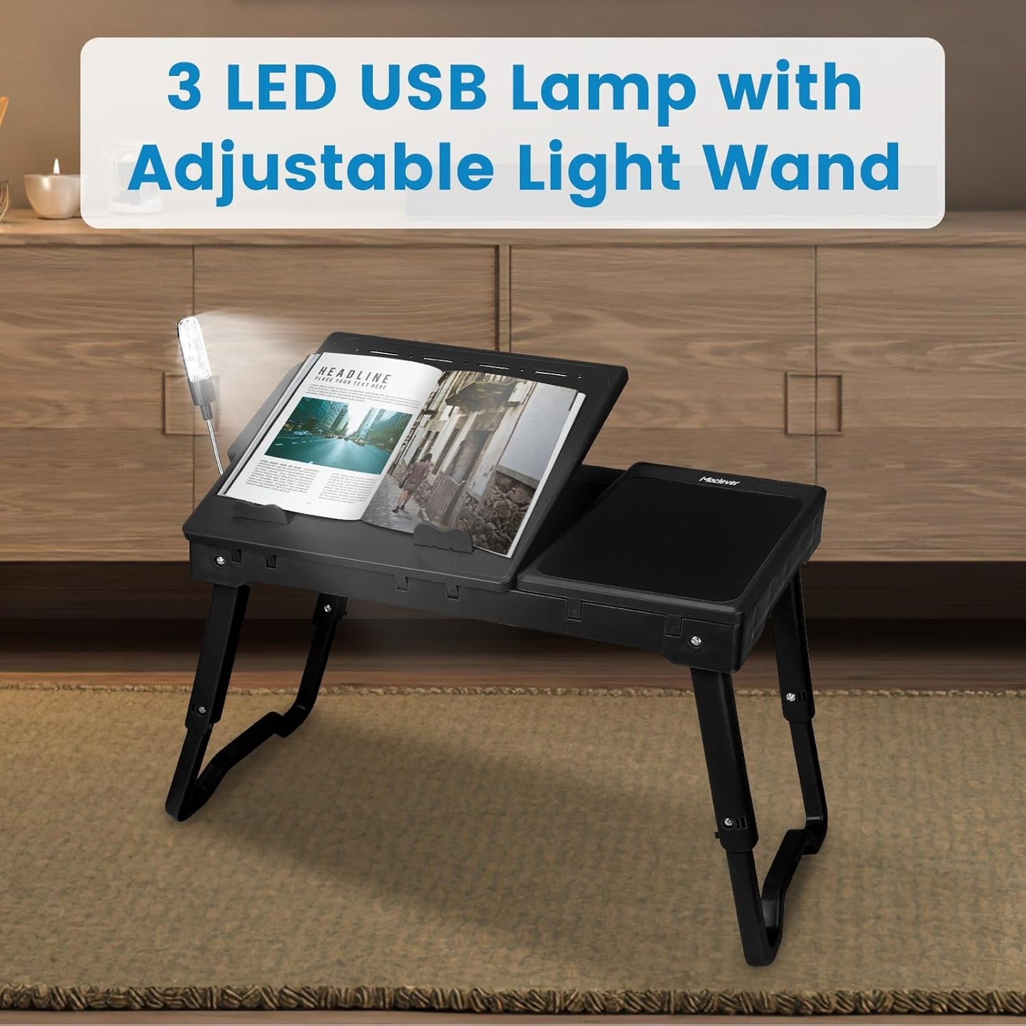 Foldable Laptop Table, Portable Bed Notebook Desk, Height Adjustable Laptop Stand with Cooling Fan LED Light 4 x USB Ports Breakfast Tray Storage Groove for Home Office Use (Black)