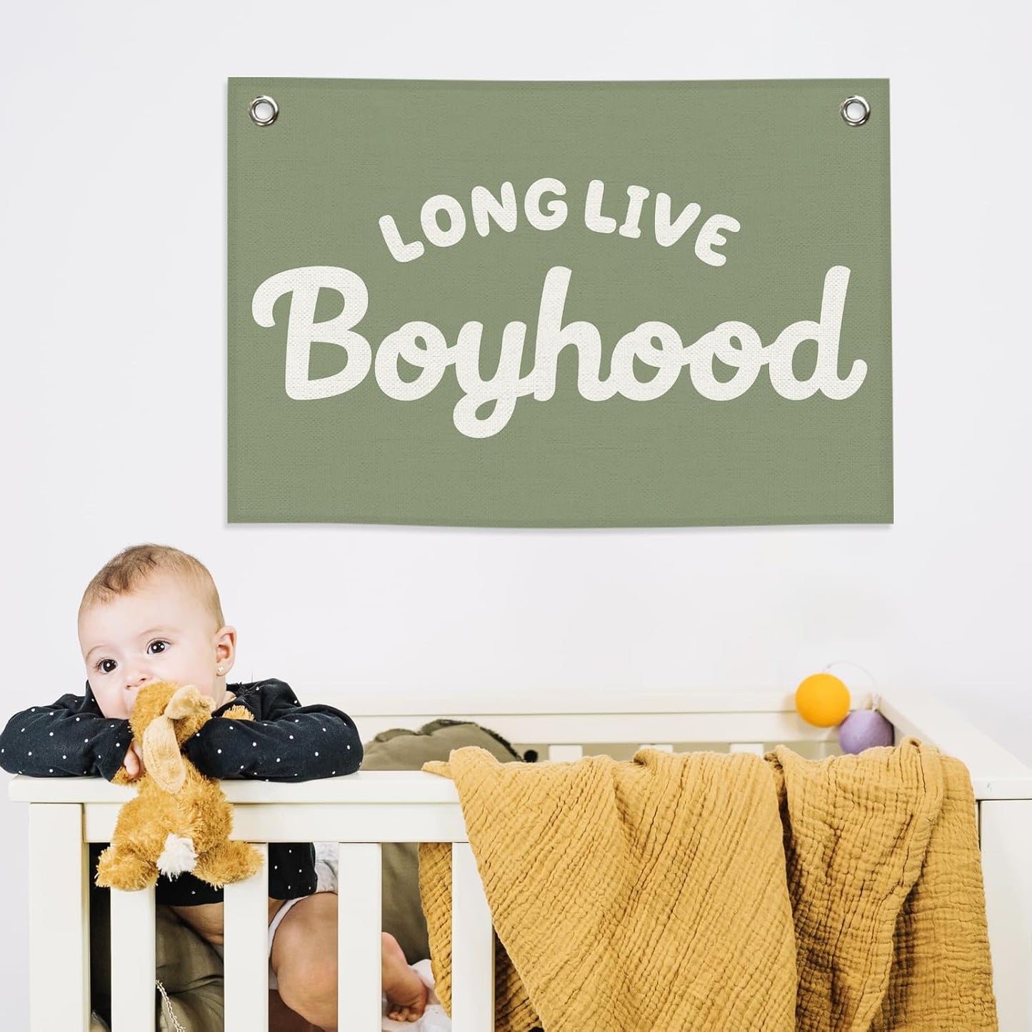Long Live Boyhood Kids Banner Canvas, Green Boys Toddler Room Decor, Playroom Hanging Flag Sign, Nursery Wall Tapestry Art for Baby Shower Classroom Bedroom Decor 20x30in