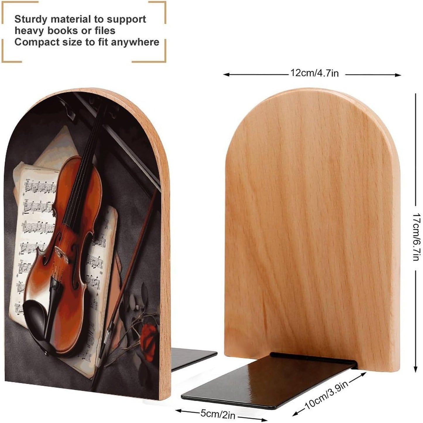 Violin Sheet Music Bookend for Shelves Wooden Book End Large Size Sturdy Book Holders Stoppers with Metal Base for Bookshelves Slick Decorative Bookends Stands