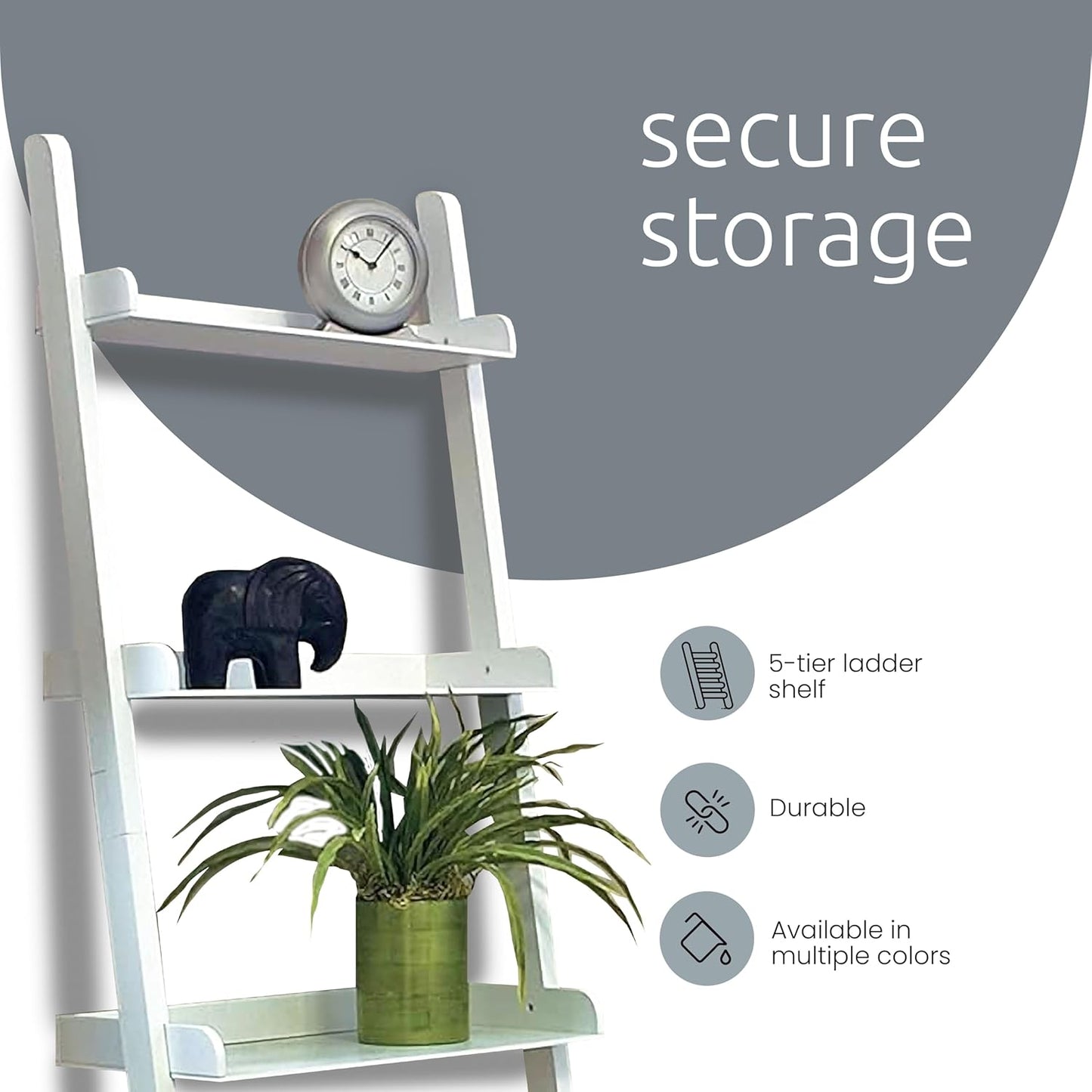 Kiera Grace Providence Hadfield 5 Tier Ladder Shelf, Leaning Bookshelf Storage Rack for Home, Office, 18" x 67", White