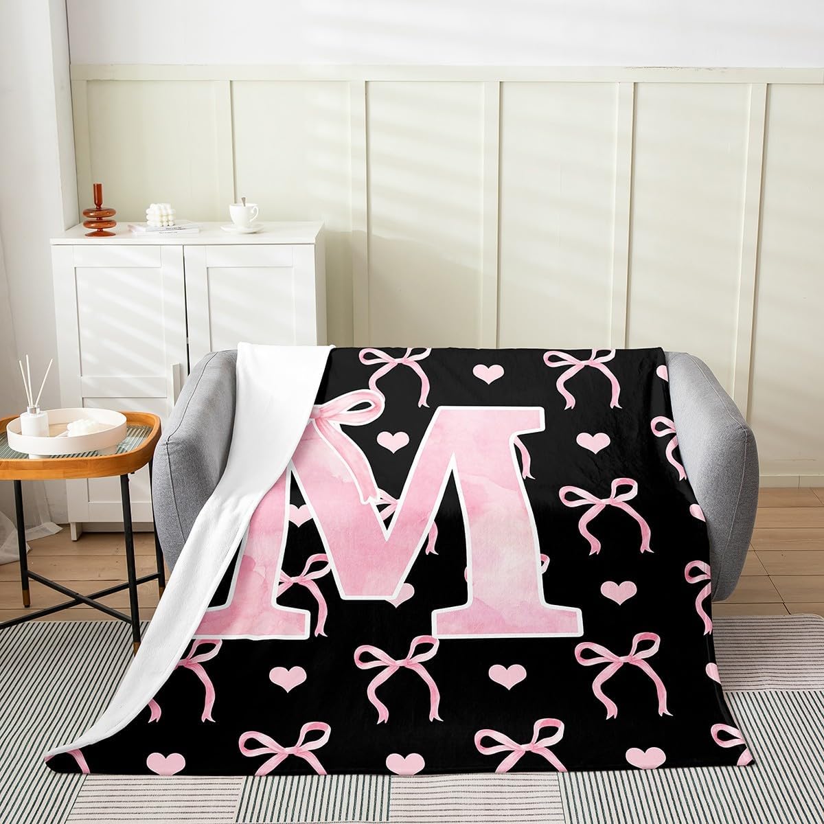 Erosebridal Initial Letter A-Z Flannel Blanket Throw 50x60 Inch for Girls Black Pink M Alphabet Fleece Blanket Ombre Bow Cute Love Hearts Aesthetic Girly Fairy Microfiber Fuzzy Plush Throw