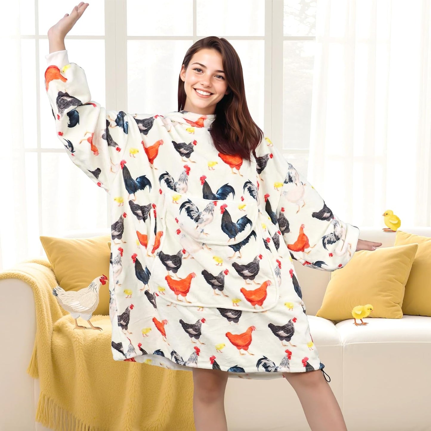 Chicken Wearable Blanket Hoodie for Women - Funny Hooded Blanket with Oversized Pocket - Chicken Decor Gifts for Women Cozy Cute Sweatshirt Blanket with Sleeves Rooster Birthday Gifts for Mom