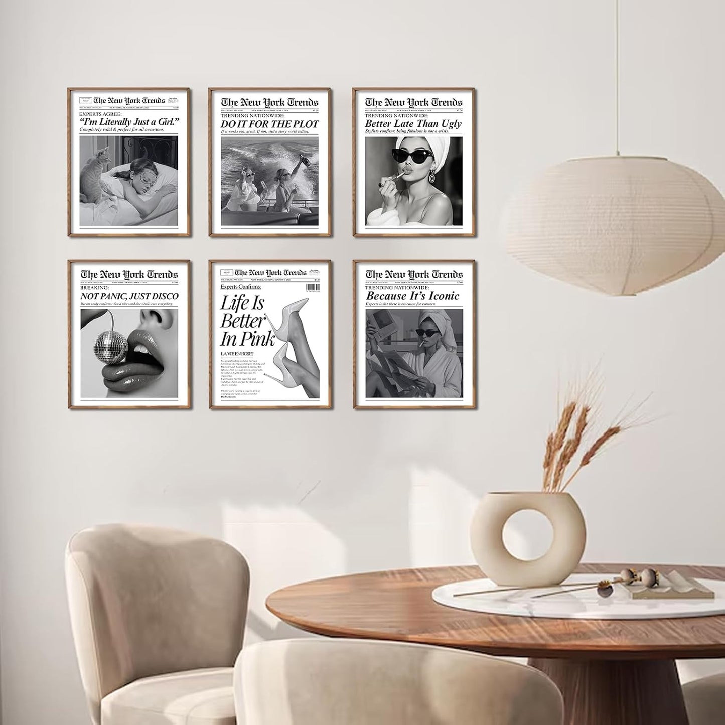 uniro Trendy Newspaper Wall Art Prints, Vintage Black & White Newspaper Wall Decor Aesthetic Pictures, Retro Girly Dorm Room Decor, Funky Bathroom Wall Decor Disco Poster for Teen Girl Bedroom Apartment, Bar Cart decor - Unframed