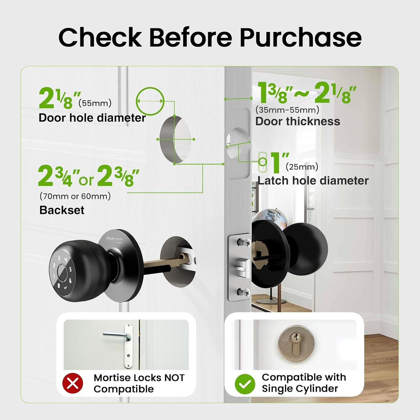 GHome Smart Fingerprint Door Lock, 4 in 1 Smart Fingerprint Door Knob with Keypad, App Control, Auto Lock, Biometric Door Knob with Lock for Bedroom, Apartment, Garage, Home & Office