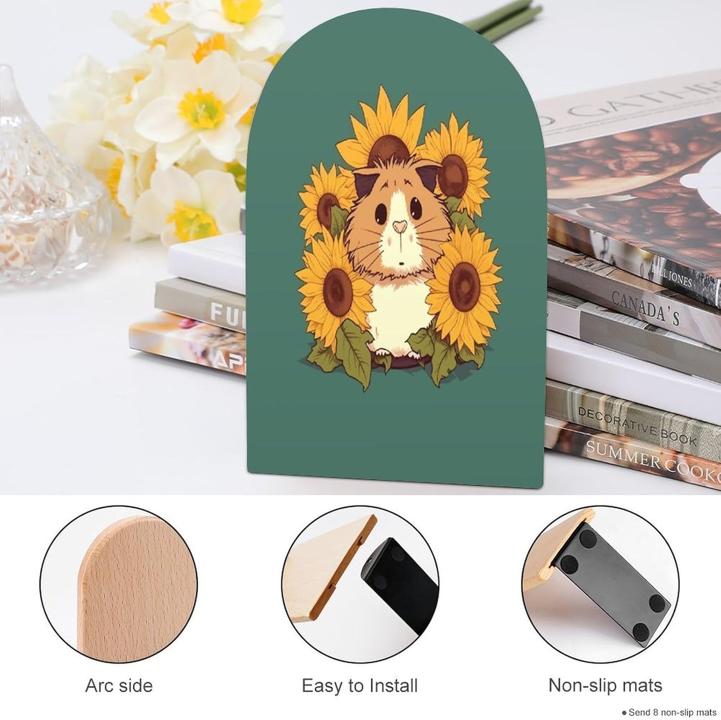 Non-Slip Bookend for Shelves Sunflower Hamster Cartoon Wooden Bookends with Metal Base Decorative Book Stopper for Home Heavy Duty Wood Book Storage for Books/CDs