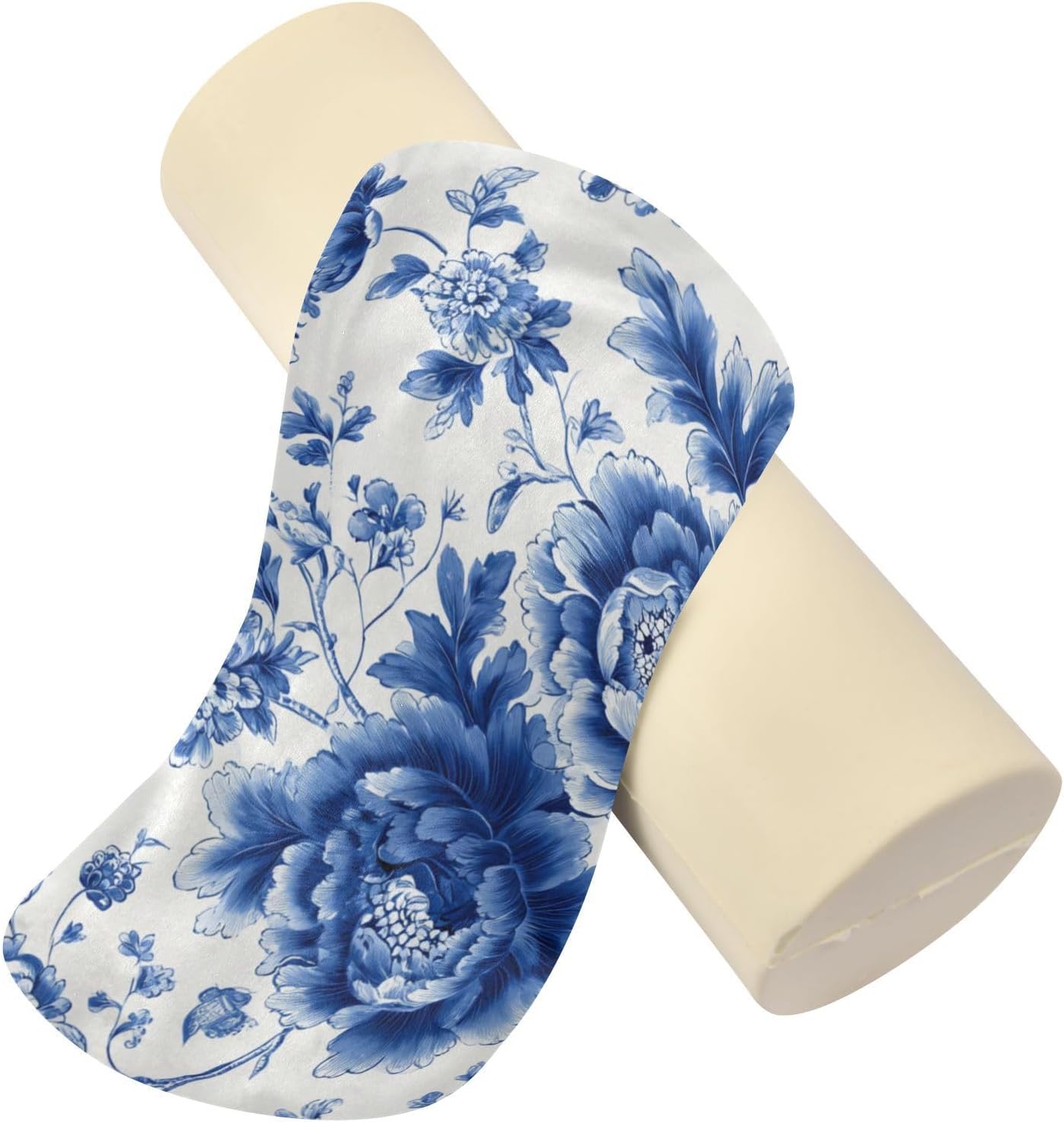 Blue and White Peony Flowers Butterfly Neck Roll Pillow Bolster Round Health Memory Foam Long Cervical Cylinder Pillows with Removable Washable Cover for Body Bed Legs Back Yoga