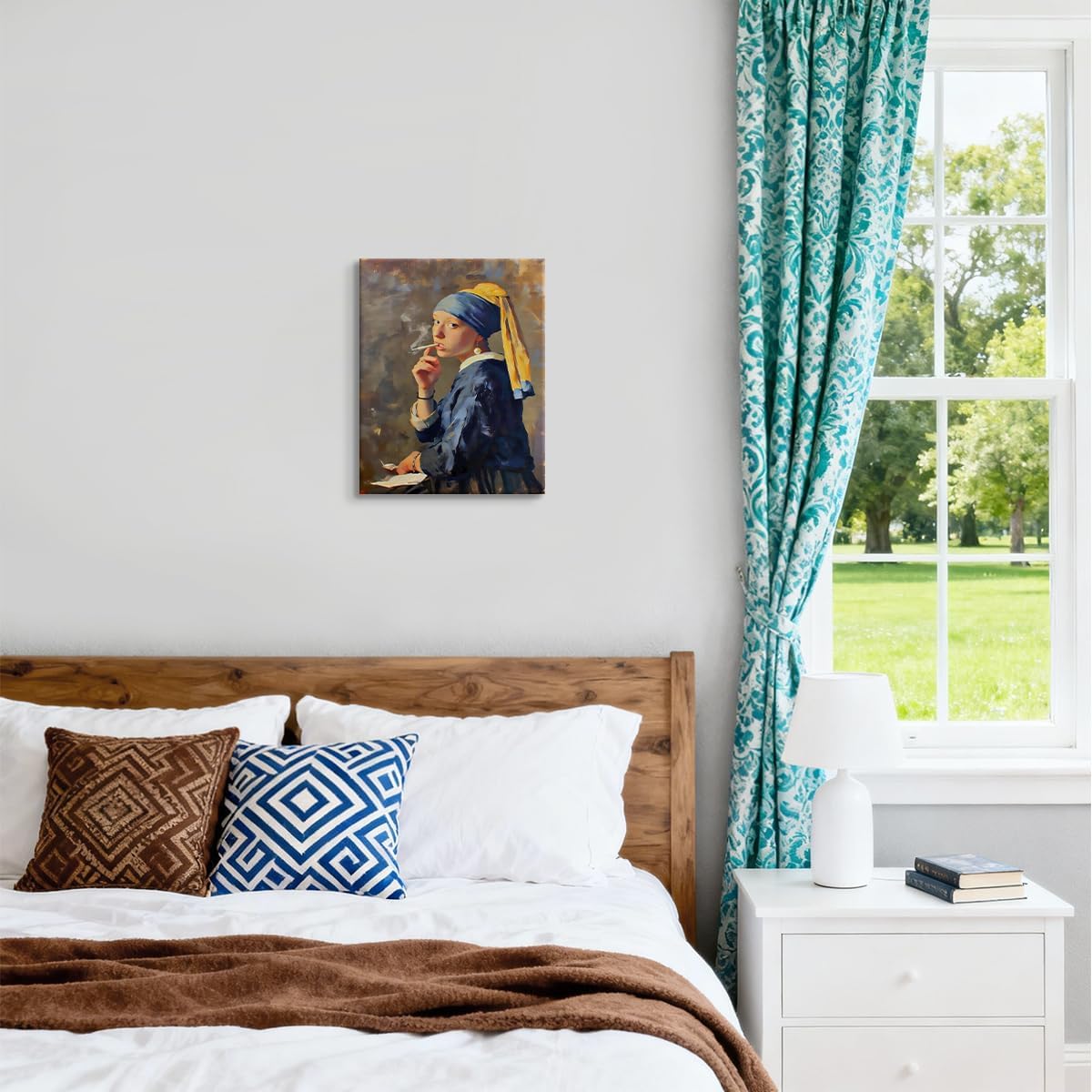 WOXZQ Girl With A Pearl Earring Canvas Wall Art Humorous Smoking Portrait Wall Decor Aesthetic Oil Painting for Bedroom Bathroom Living Room Decor 8x10 Inch
