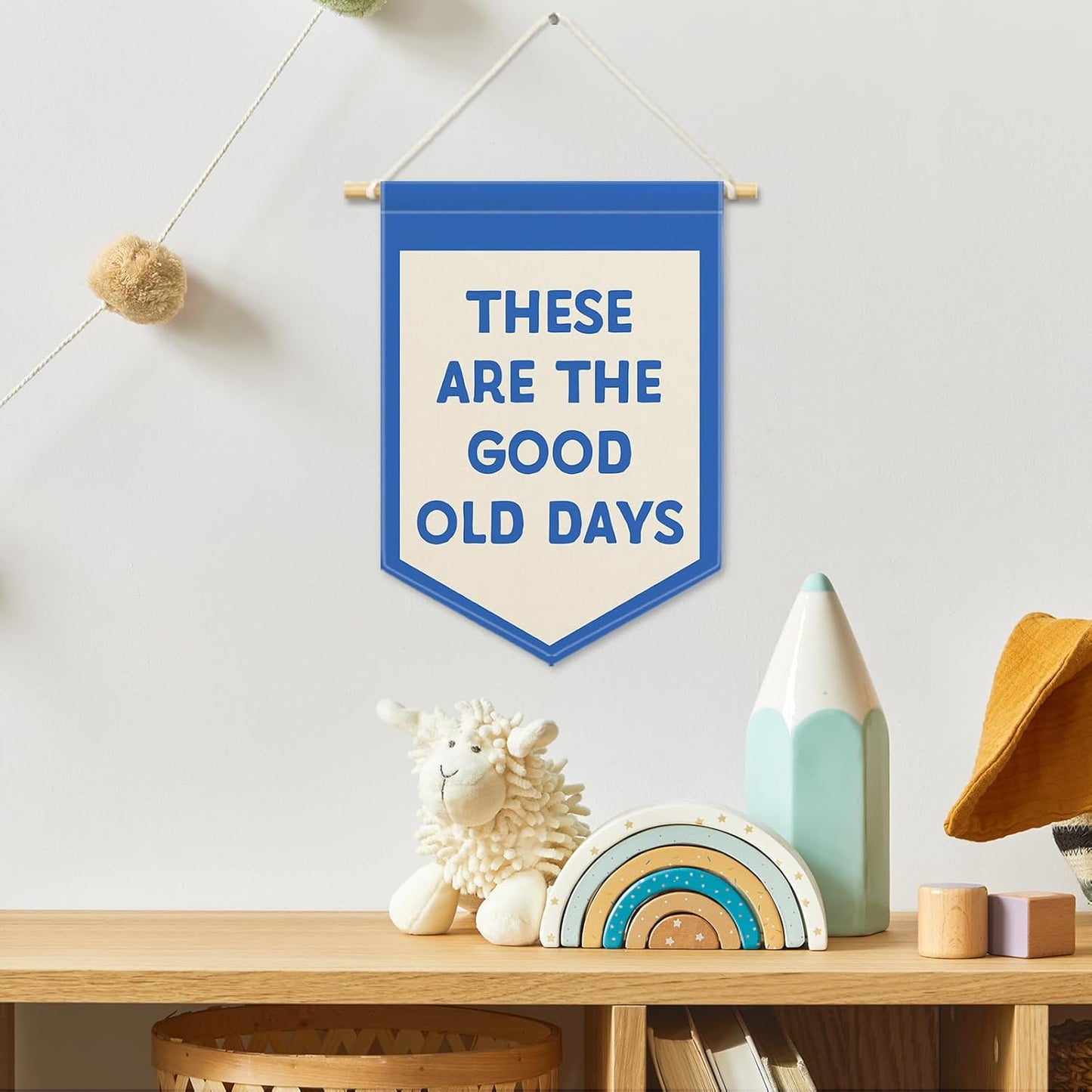 These Are the Good Old Days Boys Kids Room Decor, Playroom Banner Canvas, Nursery Trendy Blue Wall Hanging Frame Decor Art Pennant Flag for Toddler Living Room Preschool Dorm 11x15in