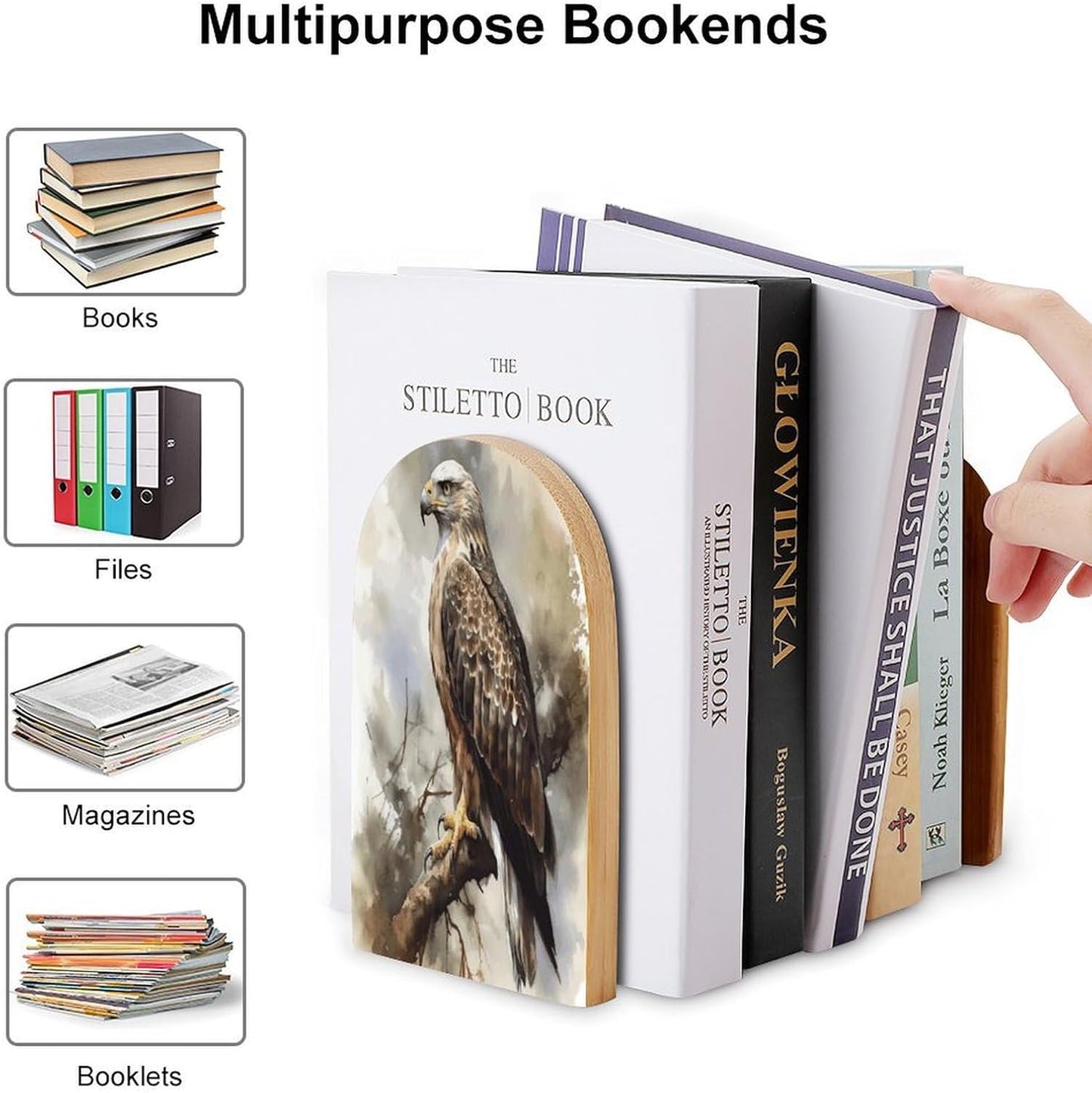 Watercolor of Hawk Sitting in The Tree Bookend for Shelves Wooden Book End Large Size Sturdy Book Holders Stoppers with Metal Base for Bookshelves Slick Decorative Bookends Stands