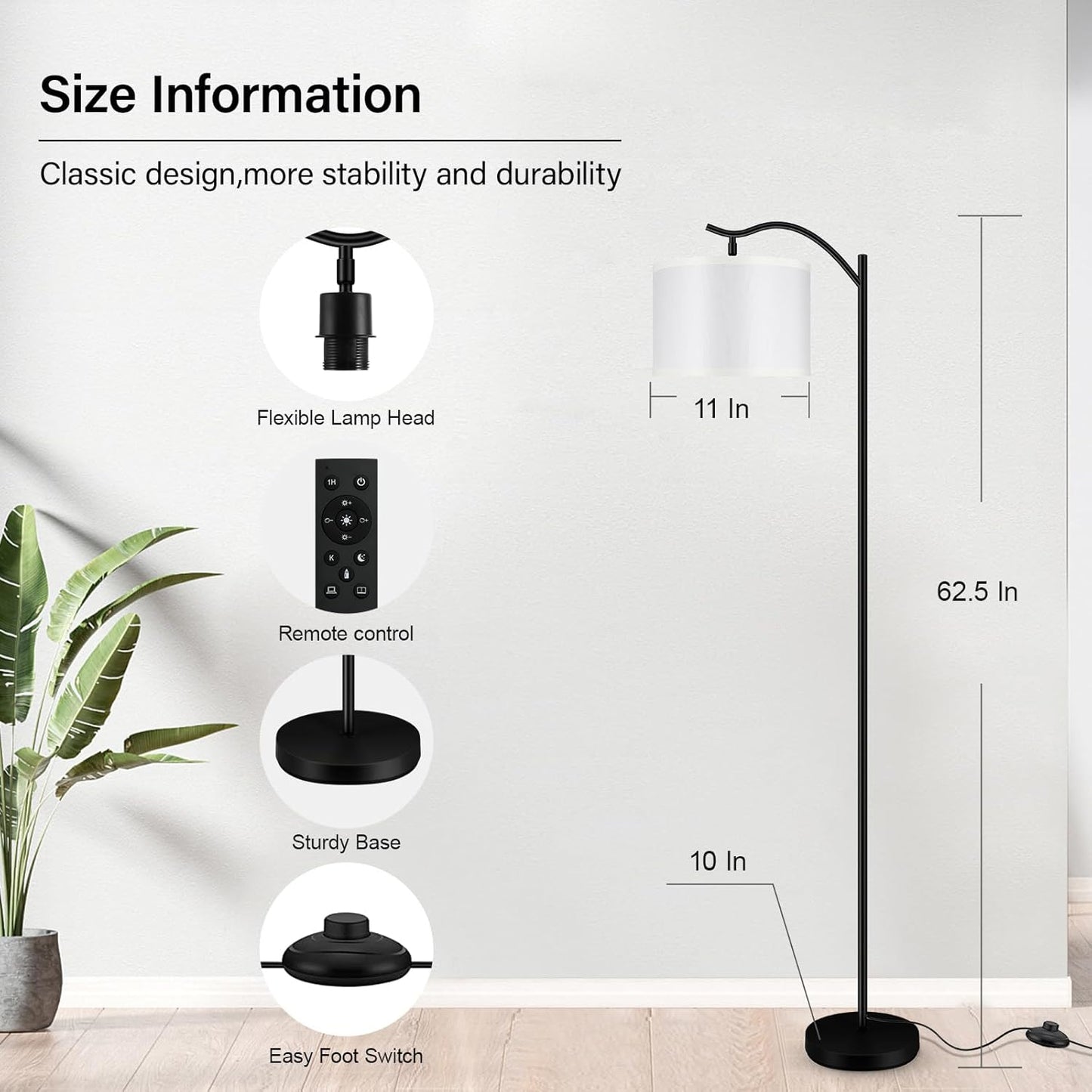 BoostArea Floor Lamp for Living Room,Arc Floor Lamp with Remote Control,Stepless Dimmable Brightness & Colors Temperature 2700k-6500k,Modern Standing Lamp for Bedroom Study Room Office,White