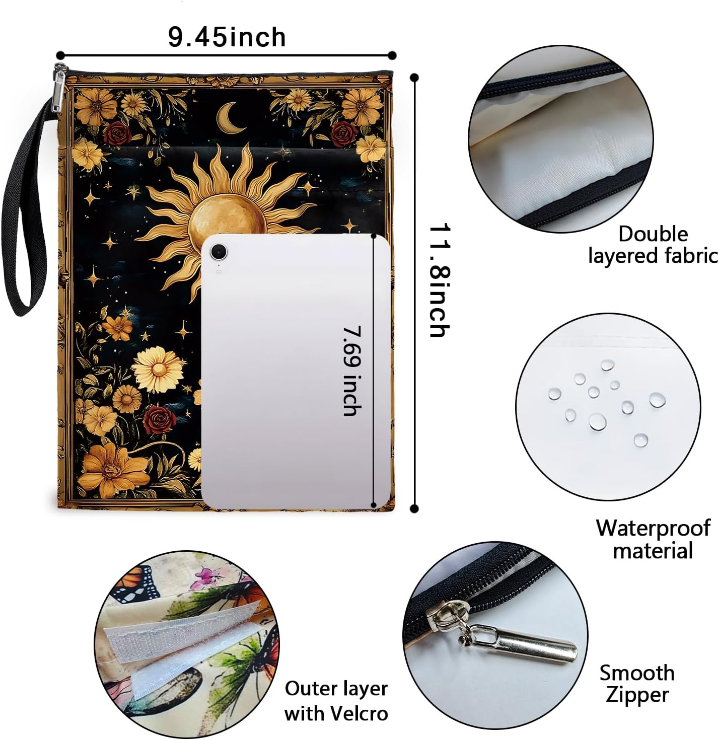 Mystic Sun and Moon Tarot Book Cover, Waterproof Book Sleeve with Zippered Front Pocket Retro Flowers Book Pouch for Book Lovers, Christmas, Birthday, Graduation Gifts (Flower&Moon, Large)