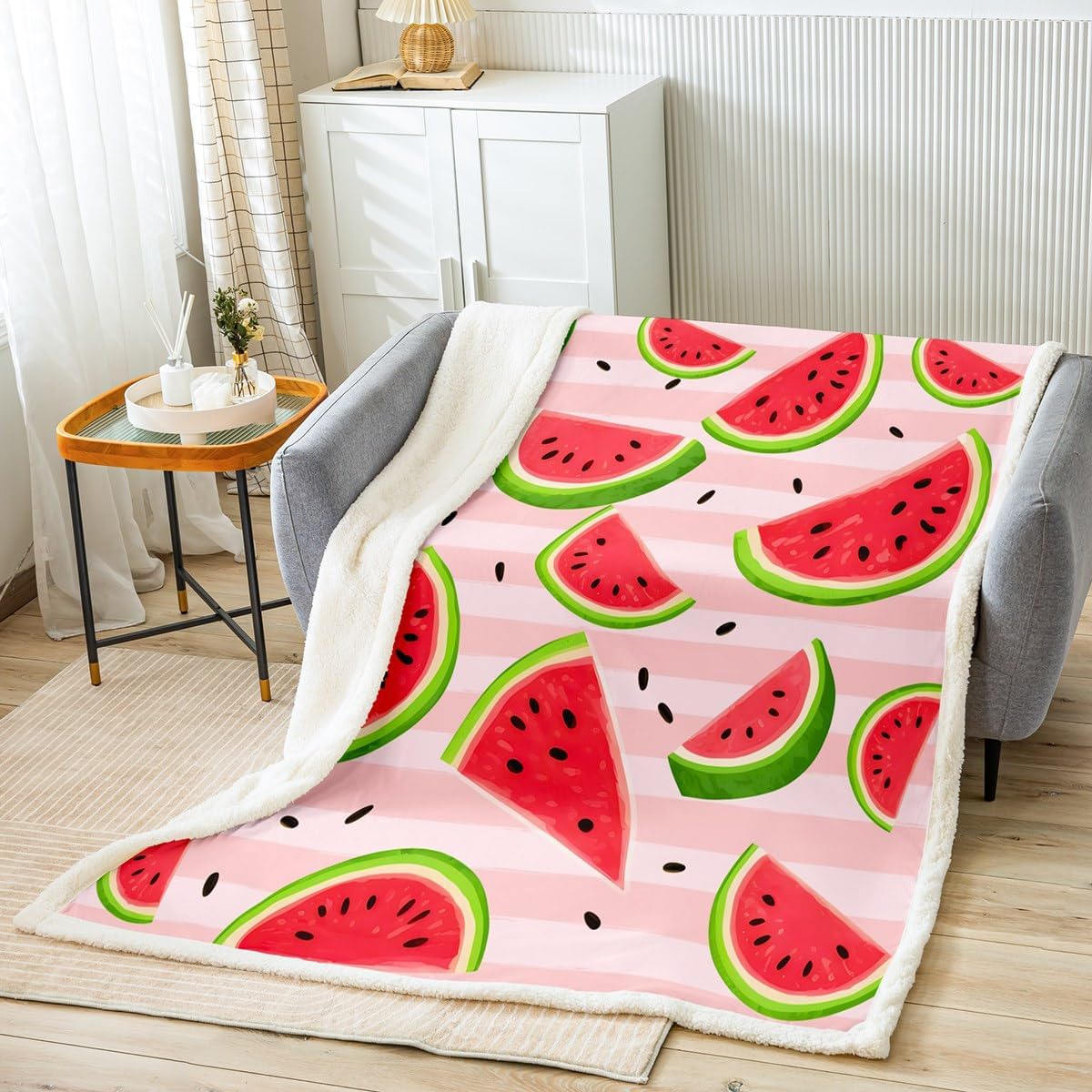 Feelyou Watermelon Fleece Throw Blanket for Girls Boys Kids Fresh Fruit Plush Blanket Pink Stripe Sherpa Blanket Summertime Fuzzy Blanket for Sofa Bed Couch,Throw 50x60 Inches
