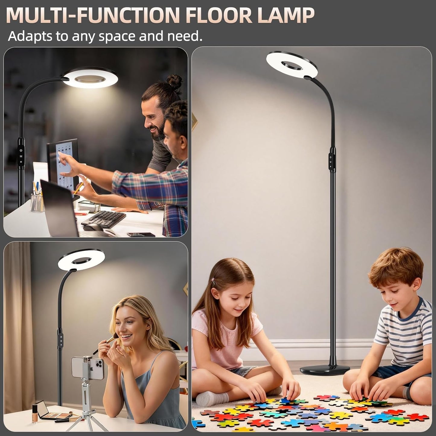 GyroVu LED Floor Lamp, 70'' Bright Reading Floor Lamps for Living Room, Dimmable & Adjustable Color Temperature, Touch Control Standing Tall Lamp with Gooseneck for Bedroom Office Craft Sewing, Black