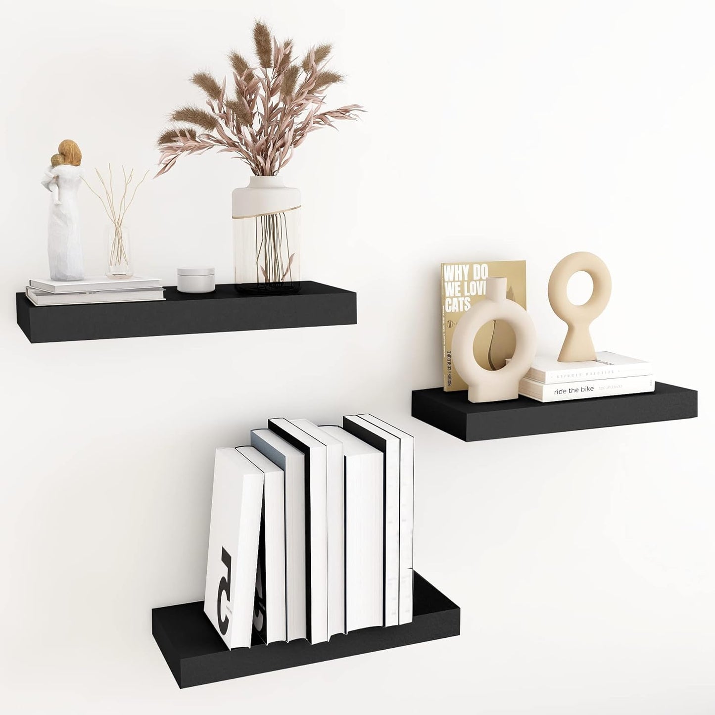 Floating Shelves for Wall Storage, 15 inch Wall Mounted Shelves Set of 3, Wood Hanging Book Shelf for Living Room, Bathroom, Bedroom, Kitchen, Over Toilet Home Decor, Holder Display (Black)