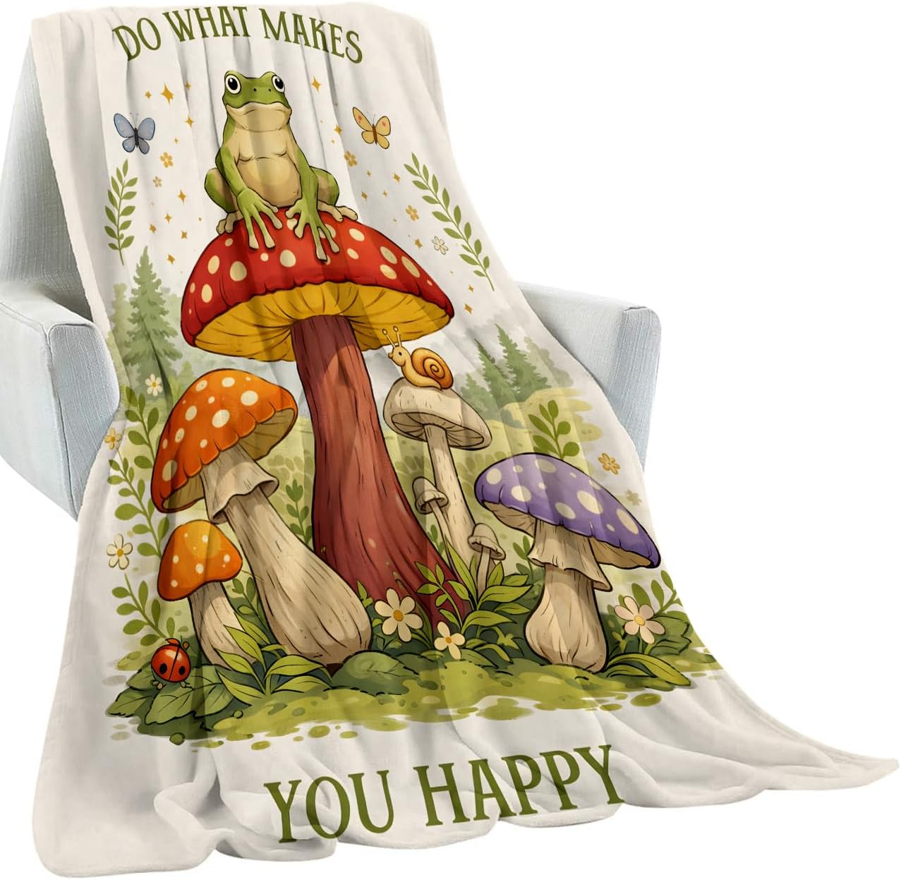 Mushroom Frog Blanket, Woodland Illustration Art Design Lightweight Flannel Throw 50×60 for Couch Sofa Bed, Cozy Home Decor and Gifts for Nature Lovers, Cottagecore Fans and Frog Enthusiasts