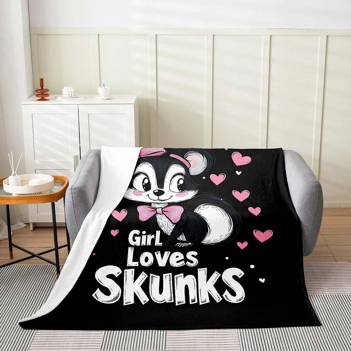 Erosebridal Funny Skunk Fleece Flannel Blanket Baby 30x40,Pink Bowknot Love Heart Shaped Throw Blanket for Boys Girls,Kawaii Stuffed Animal Girl Loves Skunks Wildlife Pattern for Skunk Lovers