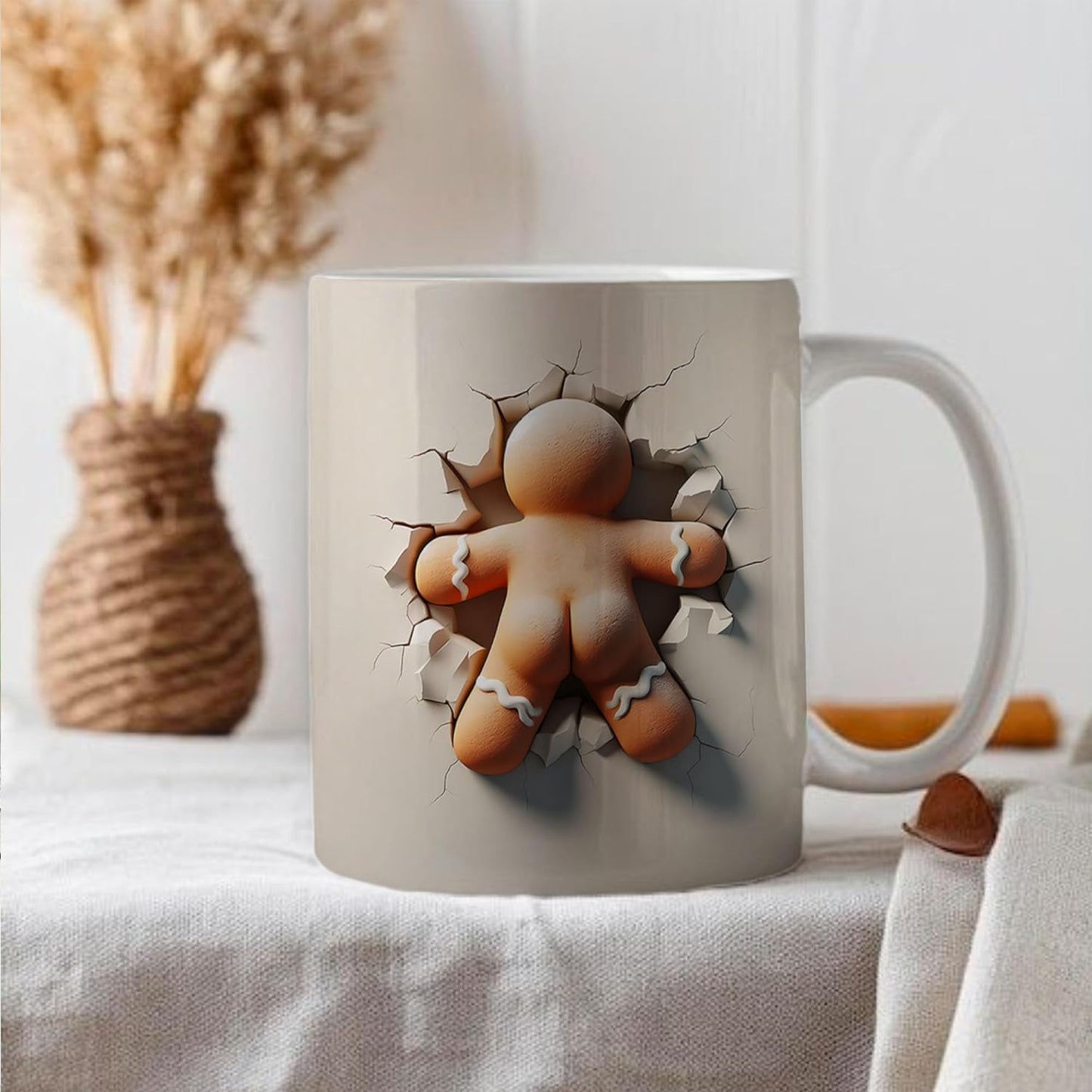 Funny 3D Gingerbread Man Full Wrap White Ceramic Mugs, Christmas Holiday Coffee Cups, 11oz 15oz, Meaningful Gift Idea