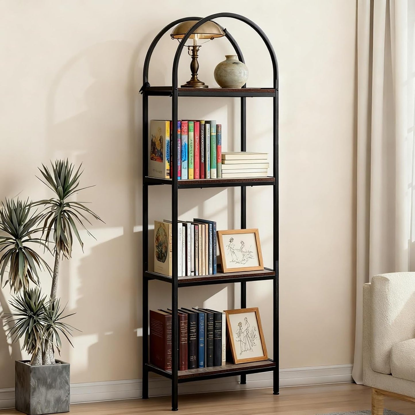 Garvee Arched Bookshelf 4 Tier,Arched Display Racks,Tall Standing Bookshelves with Metal Frame,Modern Open Storage Shelf Display Rack for Bedroom, Living Room, Home Office