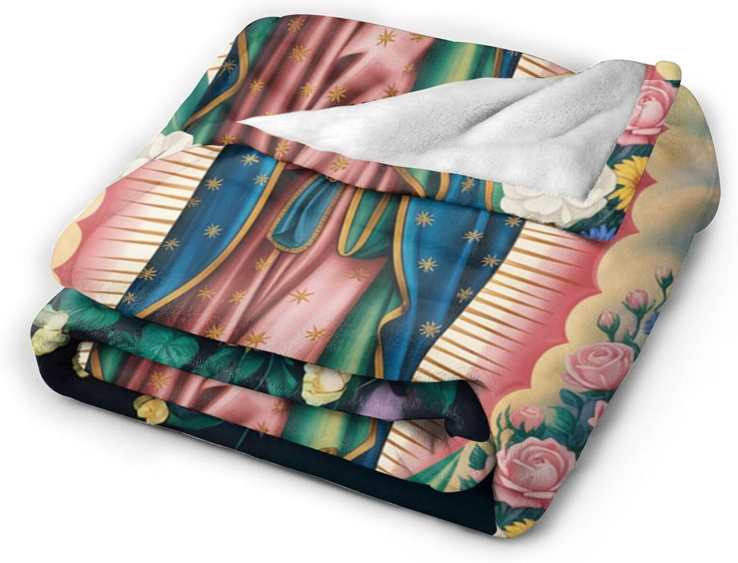Our Lady of Guadalupe Throw Blanket, Religious Art Floral Design, Soft Cozy for Couch Bed - 60"x50"
