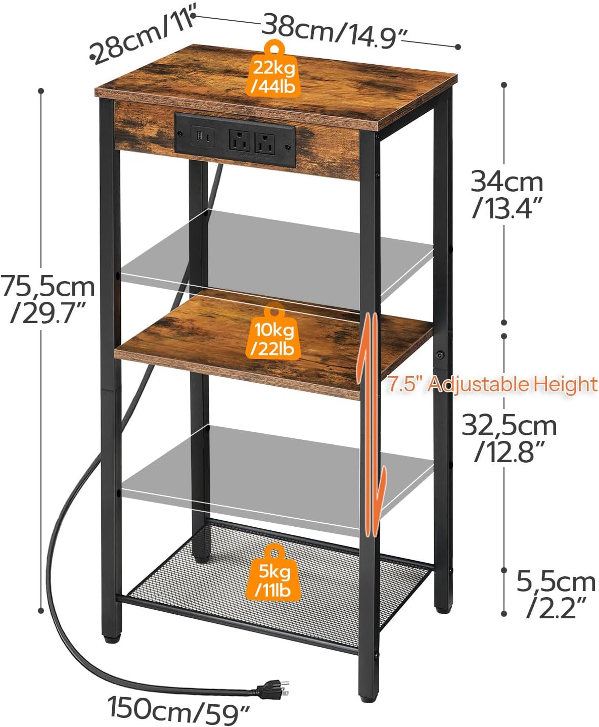 HOOBRO Tall End Table with Charging Station, 30 Inch Slim Tall Nightstand, 3-Tier Narrow Side Table with Adjustable Shelf, for Living Room, Bedroom, Small Space, Hallway, Rustic Brown BF09UDH01G1