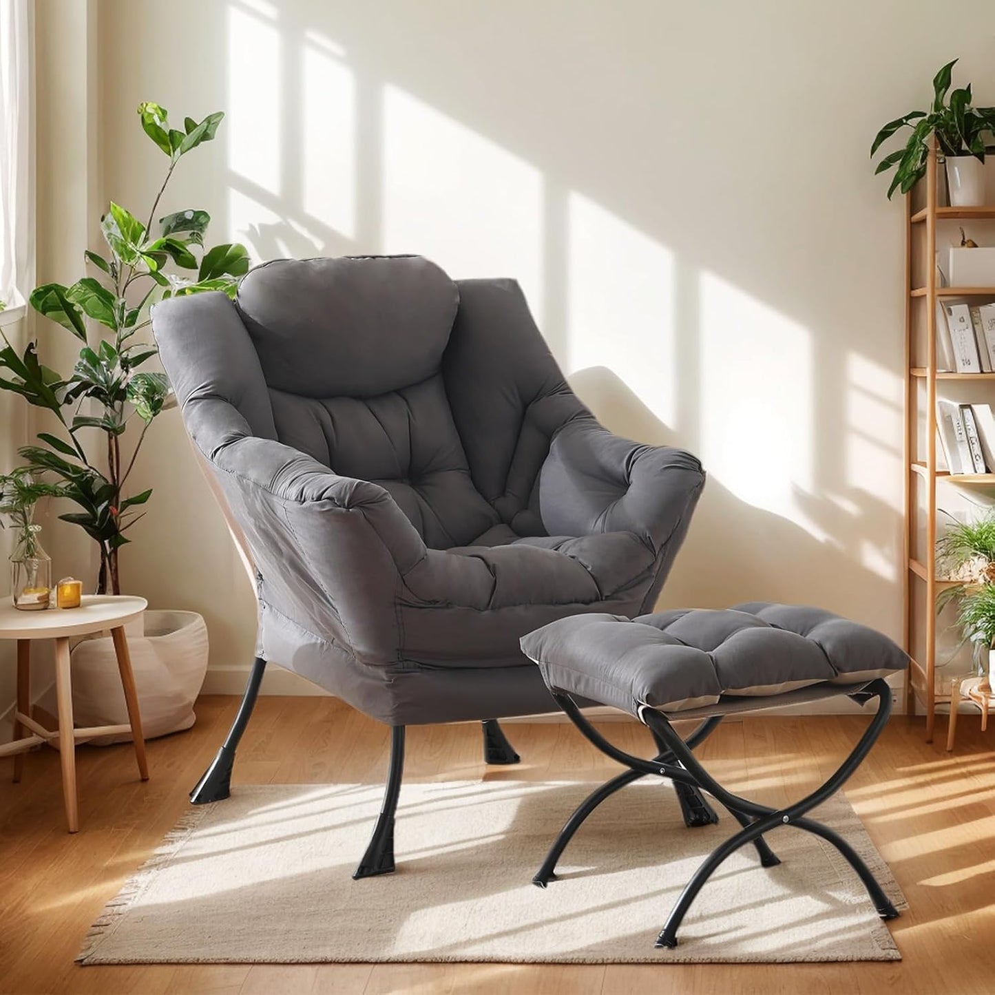 Lazy Chair with Ottoman, Large Dark Grey Accent Chair with Ottoman, Comfy Reading Armchair, Leisure Sofa Chair for Living Room, Bedroom, Dorm Room, Office
