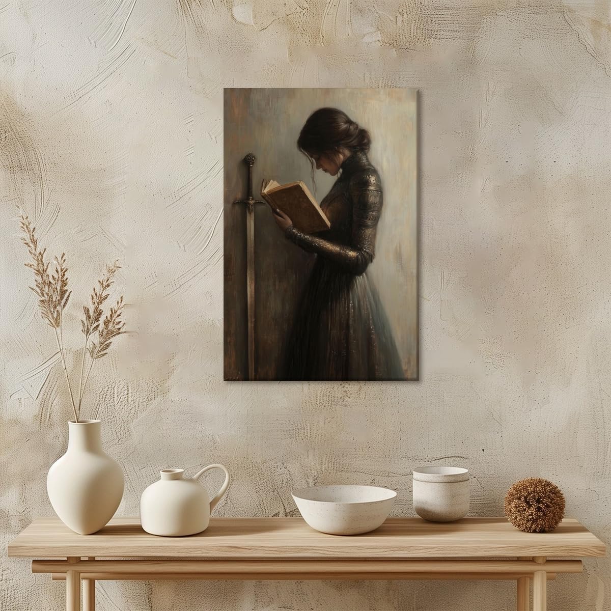 Dark Academia Wall Art Victorian Woman Knight Reading Book Print Vintage Gothic Library Canvas Art Poster Literary Gift for Book Lovers Study Room Decor Aesthetic 8x12inch Unframed
