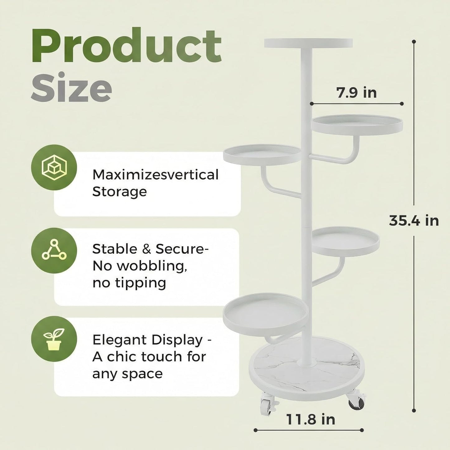 Bamworld Tall Plant Stand Indoor Outdoor Metal Plant Stands with Wheels 5 Tiered Corner Plant Holder Heavy Duty Flower Stand for Multiple Pots Planter Stand for Patio Balcony Living Room (White)