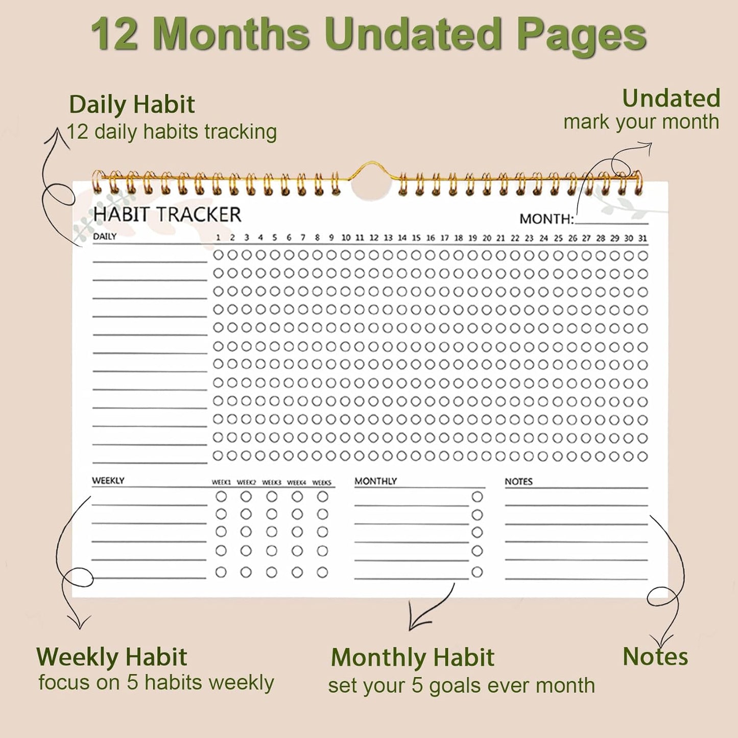 Habit Tracker Calendar - 12 Months Undated Daily Goal and Habit Tracker, Habits Tracker Journal Planner with Spiral Binding, Great Productivity Tool and Workout Calendar, 11.7"x8.5"