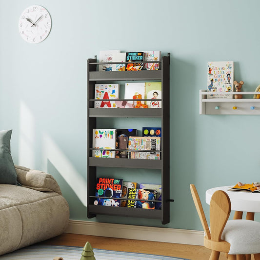 Kids Bookshelf, 4-Tier Wall Mount Bookshelf for Kids, Behind The Door Bookshelf, Hanging Book Shelf for Kids Room, Playroom, Bedroom, Living Room, Black KBBK7601