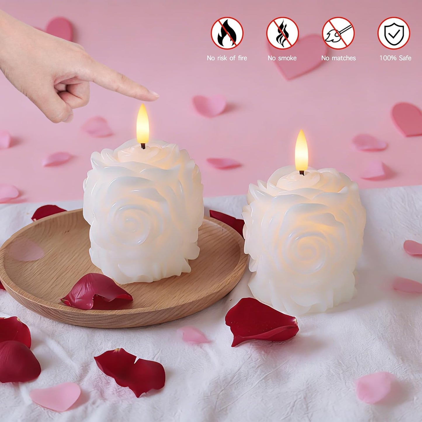 Valentine Day Rose Flameless Candles with Remote and Timer, 2 Pack Flickering LED Candles for Proposal Wedding Anniversary Romantic Night, White