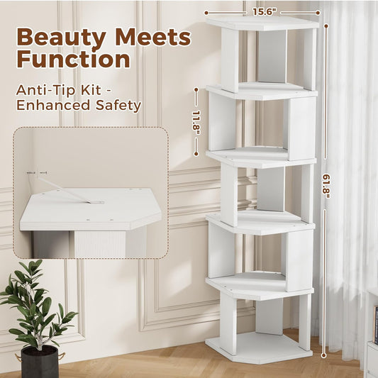 5 Tier Square Bookshelf Tower, Floor Standing Corner Bookshelf Modern Organizer Storage Display Rack for Home Office Living Room Study, Small Spaces