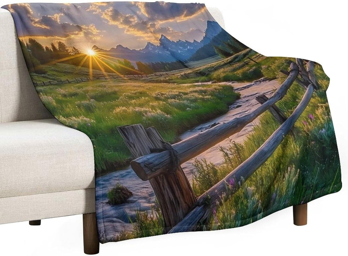 Sunset Grand Teton Landscape Throw Blanket for Couch Bed Plush Cozy Fuzzy Flannel Blanket for All Season 50"x60"