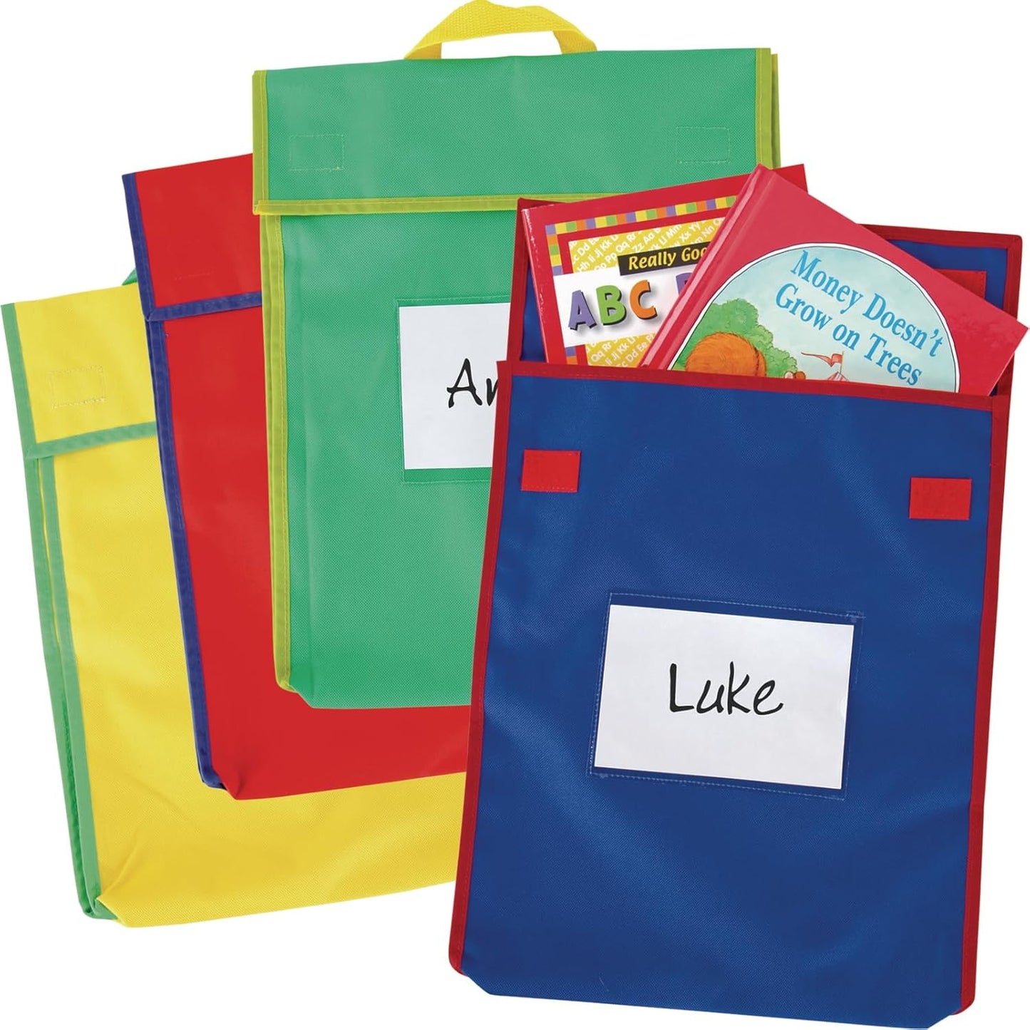 Really Good Stuff-666029 Store More Large Book Pouches – Send Home Books and Homework in Durable Fabric Book Bag – Stitched-On Handle, Clear Name Tag Pocket, Primary Colors, 12”x1”x15” (Set of 4)
