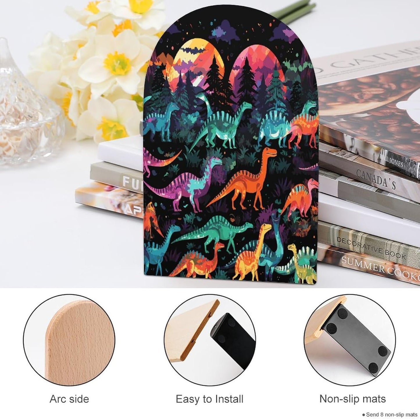 Non-Slip Bookend for Shelves Colorful Dinosaurs on Black Background Wooden Bookends with Metal Base Decorative Book Stopper for Home Heavy Duty Wood Book Storage for Books/CDs