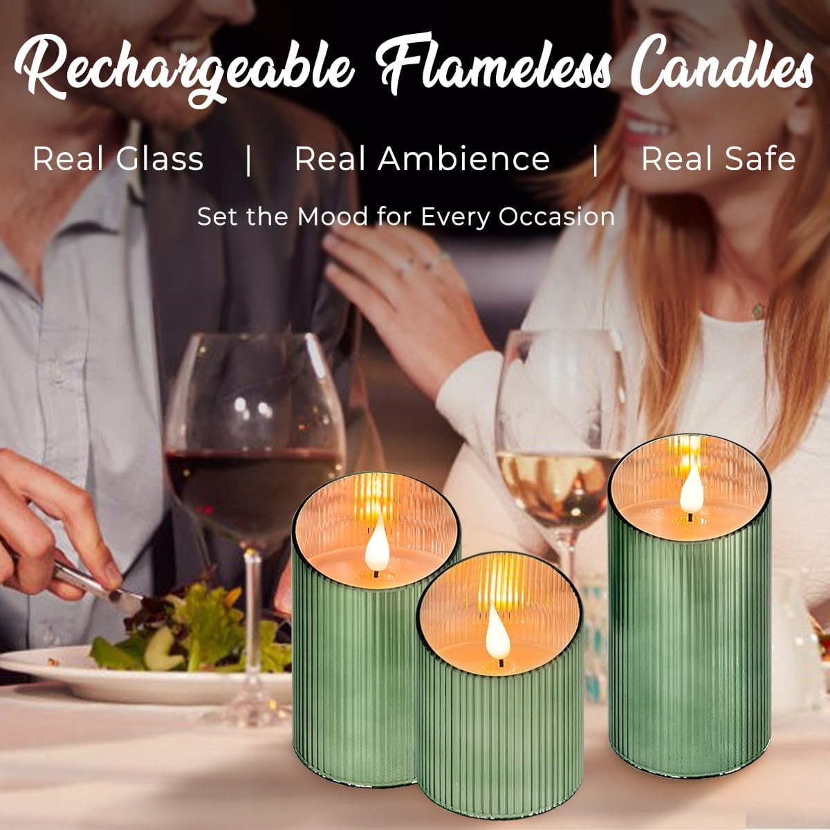 Rechargeable Flameless Candle, Flickering LED Pillar Glass Fake Candle with Remote and Timer, Built-in Battery Real Wax Electronic Candle for Room Decoration, Set of 3