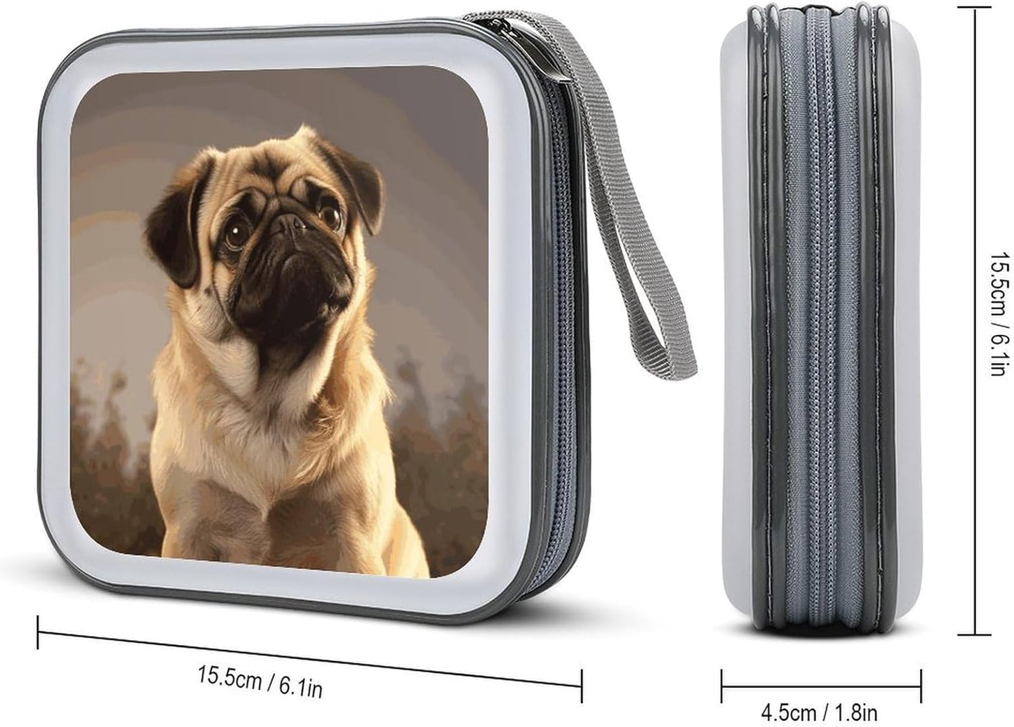 Cute Pug Dog CD Case 40 Capacity Case Zipper CD Collection Bag with Handles Cover DVD Storage Hard Plastic DVD Disc Cases Storage Binder for Car Home Office Travel