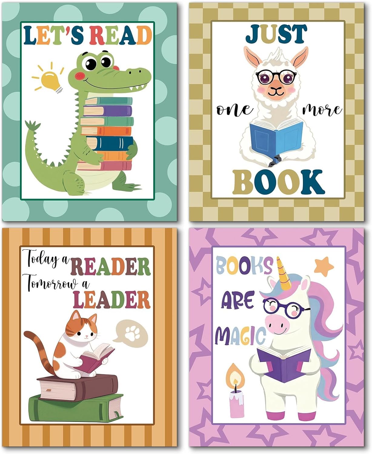 Hapons Cute Animals Reading Corner Wall Art Decor Posters, Inspirational Crocodile Alpaca Cat Unicorn Nursery Teen Toddler Kids Room Bedroom Dorm Wall Art Prints, Aesthetic Playroom Classroom Wall Decor Reader Book Lover Gifts 8''x10'' 4 PCS Unframed