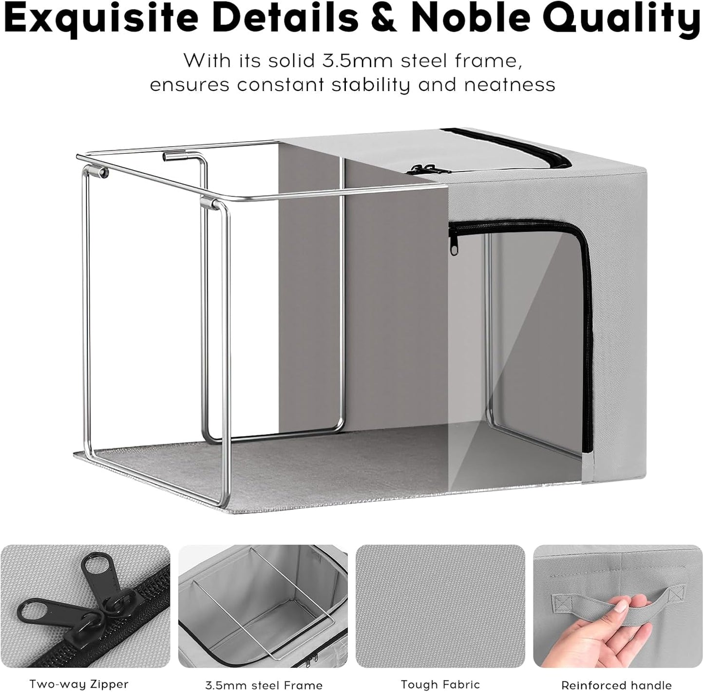 3-Pack Clothes Organizer Bins with Metal Frame, Foldable 40L Linen Storage Boxes with Lids, Clear Windows, Zippers & Durable Handles (Light Gray)