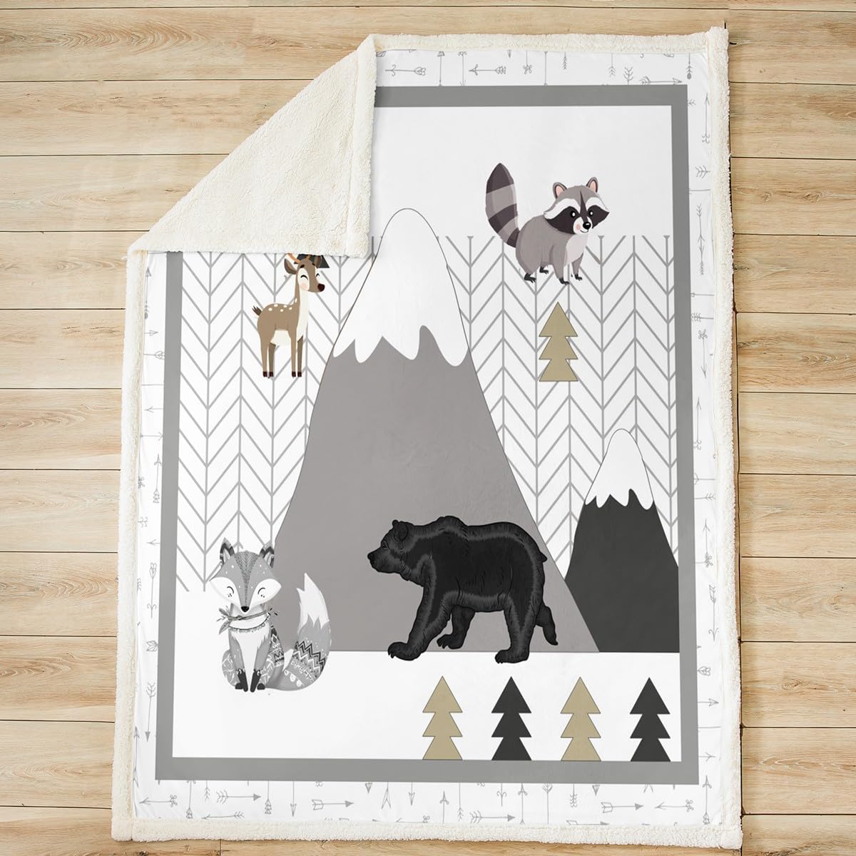 Cute Fox Bear Deer Bed Blanket Kawaii Animals Throw Blanket Lightweight Soft Cozy Luxury Mountains Trees Fleece Blanket White Gray Flannel Blanket for Sofa Bedroom Travel All Season(Twin 60"x80")