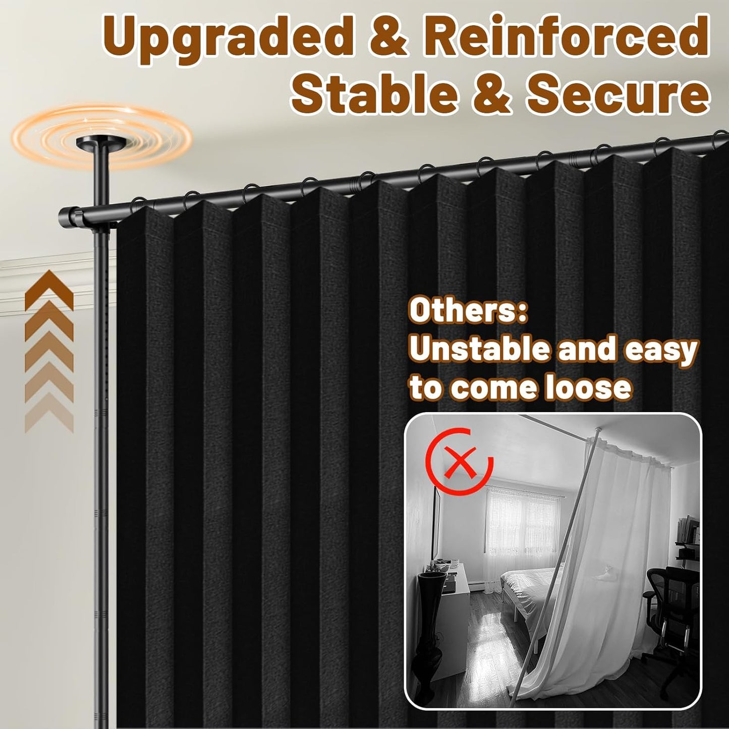 AJAZZ Room Divider Curtain (Black, W100 x L84 in, 1 Panel)+ Tension Curtain Rod No Drilling (H) 43-120×(W) 35-100 in, for Privacy/Soundproof Curtains, Heavy Duty Wall Separator