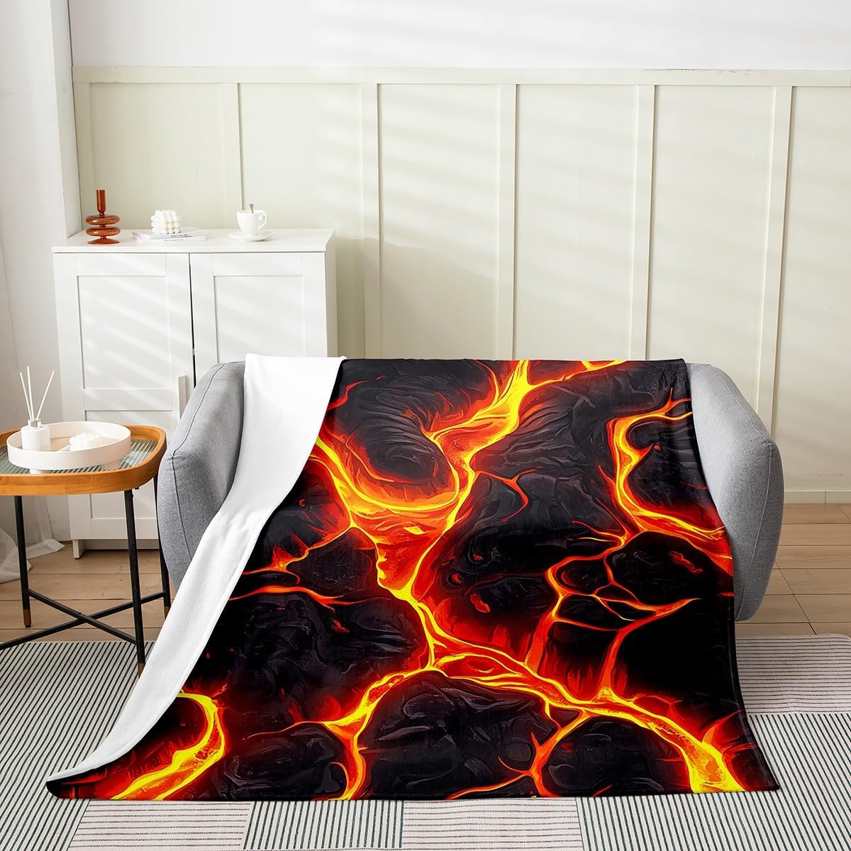 Erosebridal Volcanic Rocks Blanket Twin 60x80, Rock Fire Pattern Soft Throw Blanket, Gradient Ripple Printed Kids Girls Fleece Blanket for Sofa Bed, Black Orange Volcano All Seasons Fuzzy Blanket