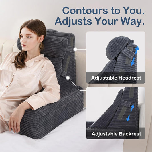 Vekkia Adjustable Reading Pillow & Back Pillow with Backrest – Zoned Multi-Density Foam for Targeted Support, XL Side Pockets – Bed Chair for Reading, Gaming, Relaxing & Post-Surgery Recovery