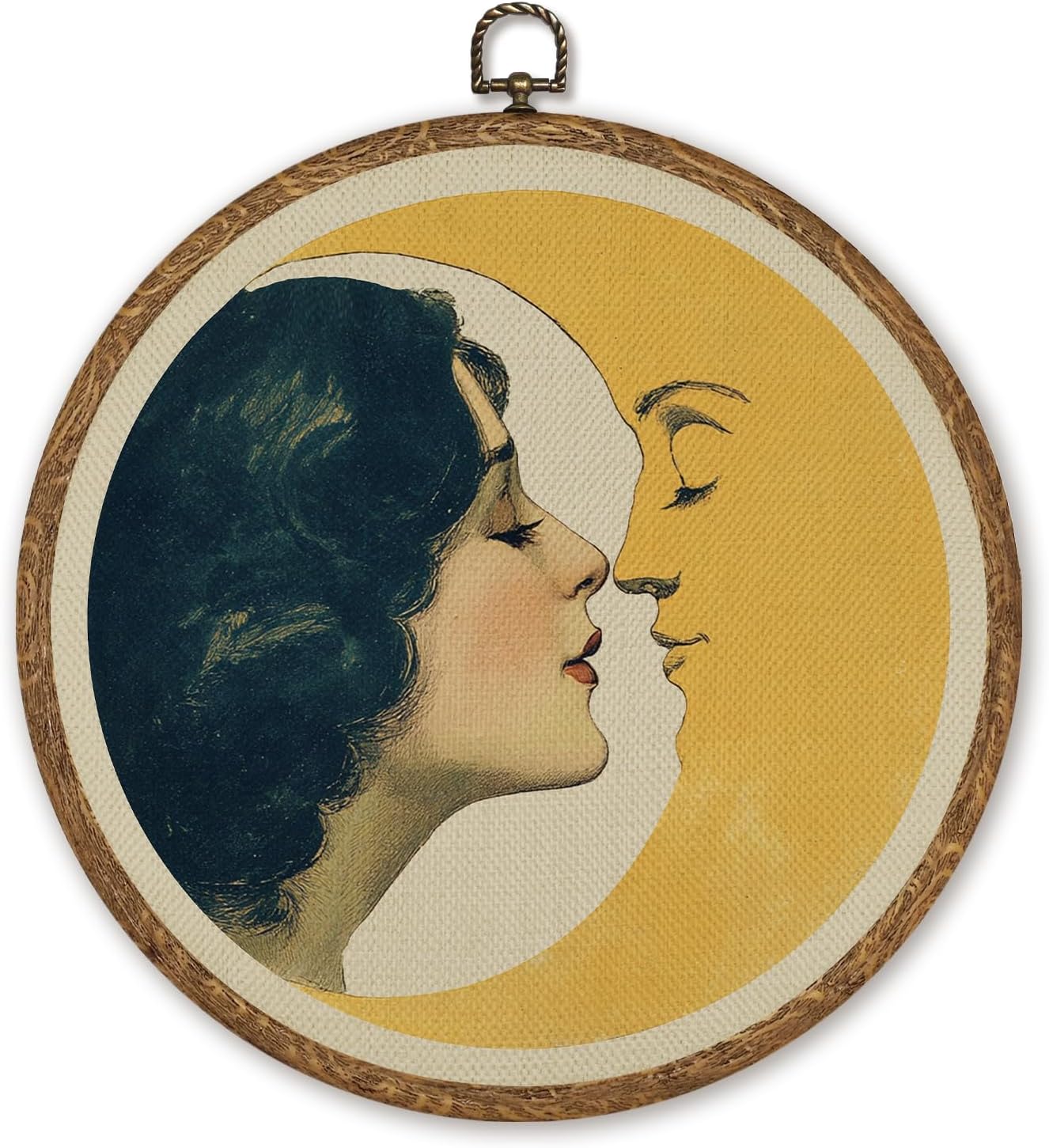 Romantic Moon and Young Girl Wall Art,Vintage-Inspired Celestial Linen Print Round Artwork ,Surreal Moon and Woman Hanging Decor for Bedroom, Living Room, or Dreamy Space 10''x10''(Ggolden-moon and Girl)