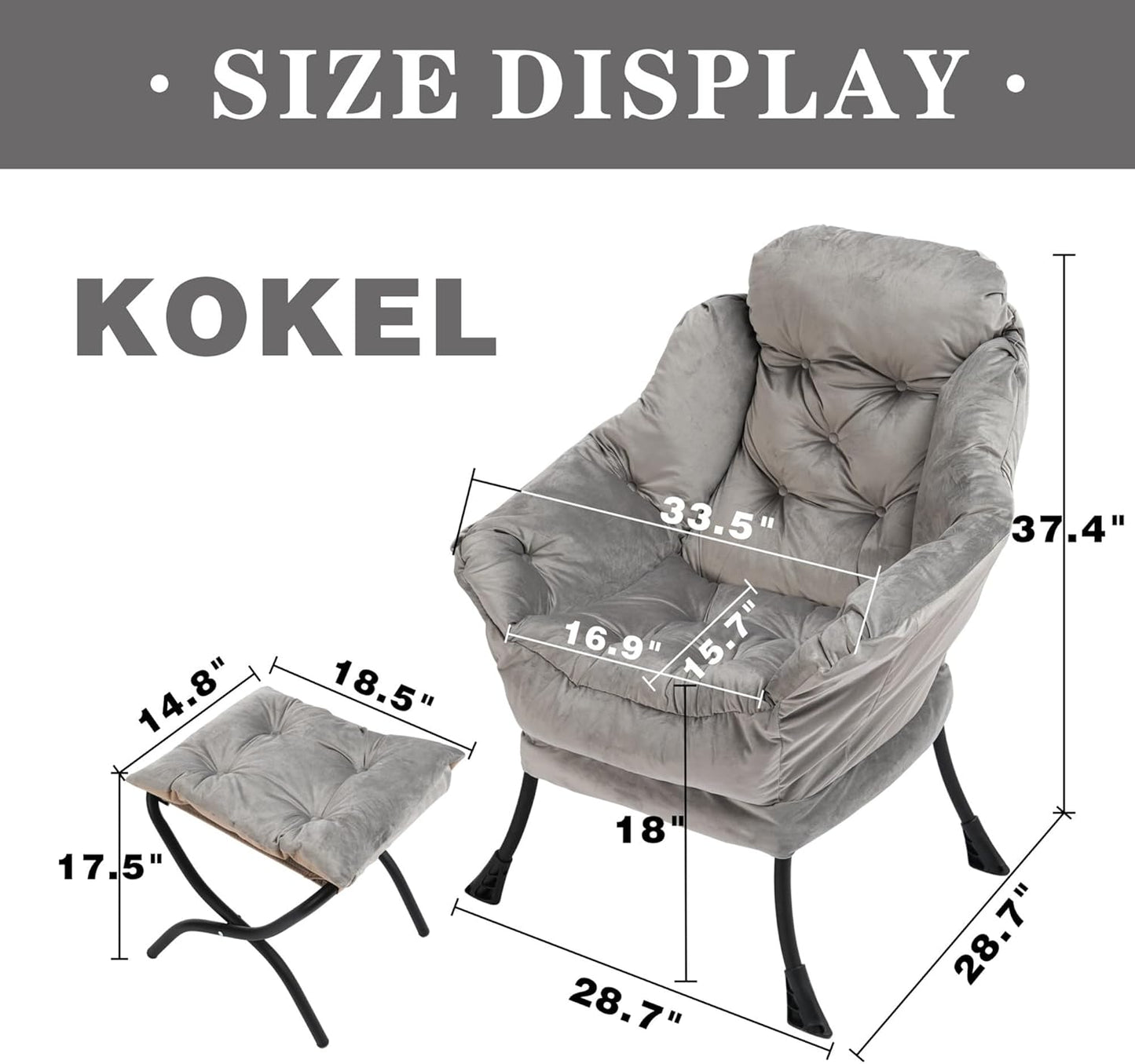 Kokel Lazy Chair with Folding Ottoman,Living Room Chairs, Accent Contemporary Lounge Chair, Single Steel Frame Leisure Sofa Chair with Armrests and A Side Pocket (Light Gray)
