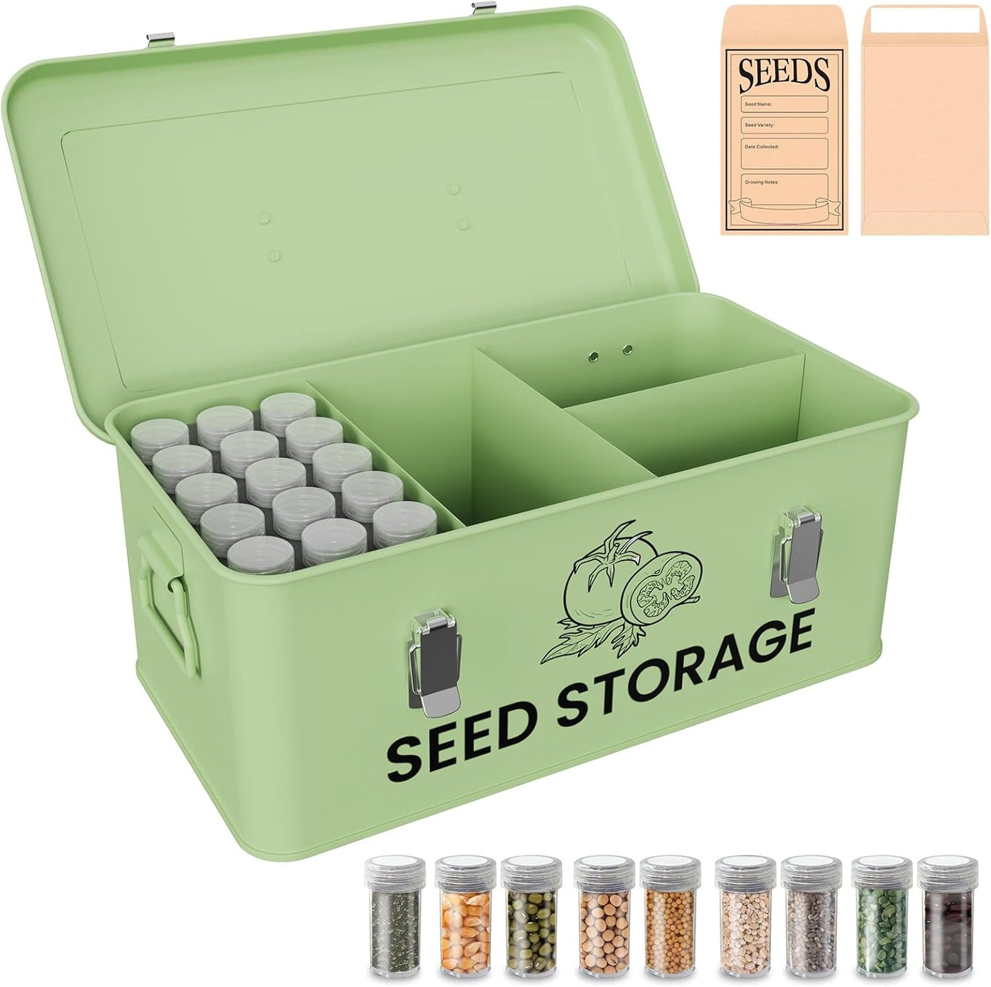 Seed Storage Organizer Box, Metal Seed Box, Garden Seed Organizer with Lid, Seed Containers Storage with 4 Compartments, 30 Seed Holder Organizers, 100pcs Seed Envelopes (Green)